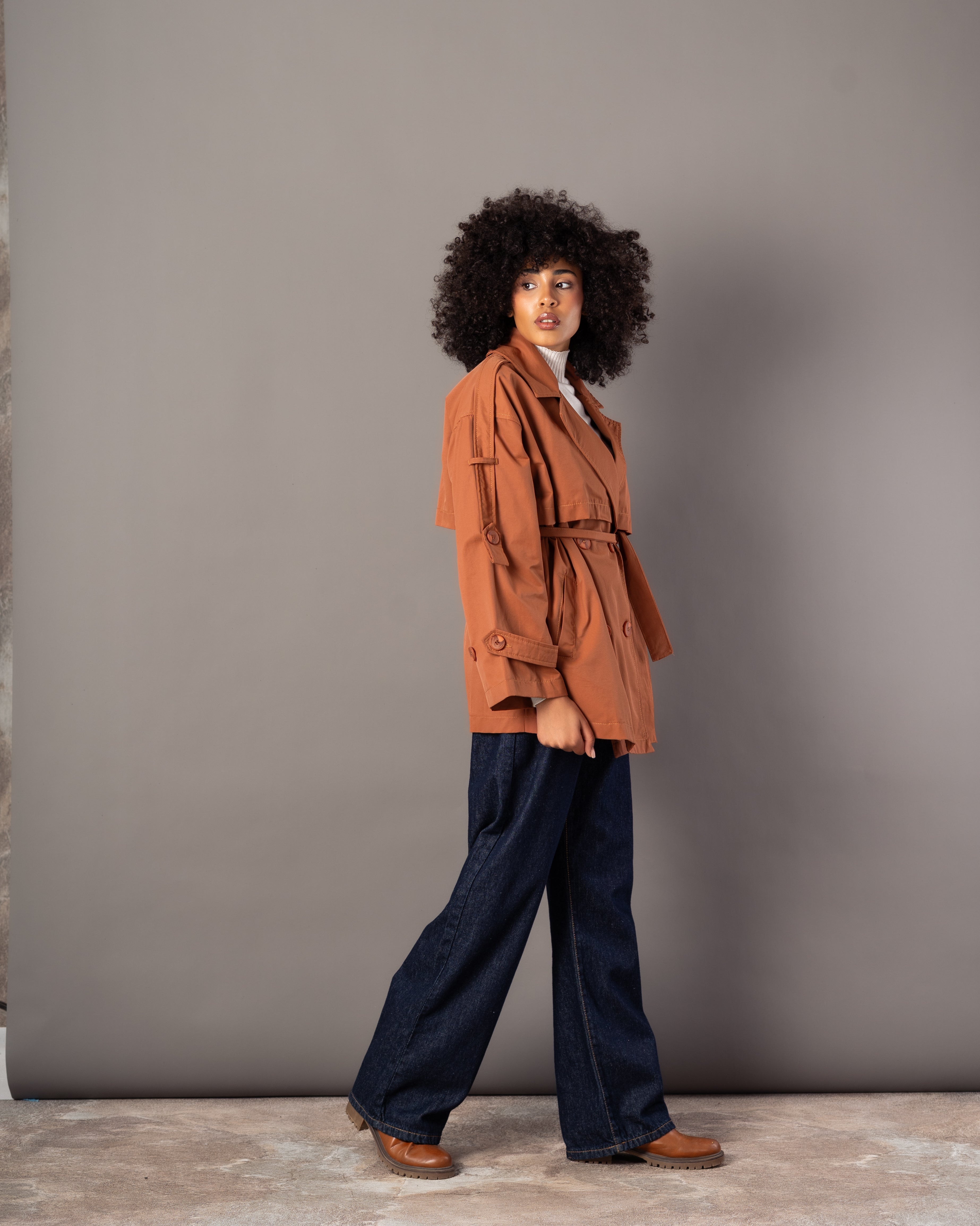 Gabardine Jacket – With Belt (Sleeve Buttons, Chest Detail)