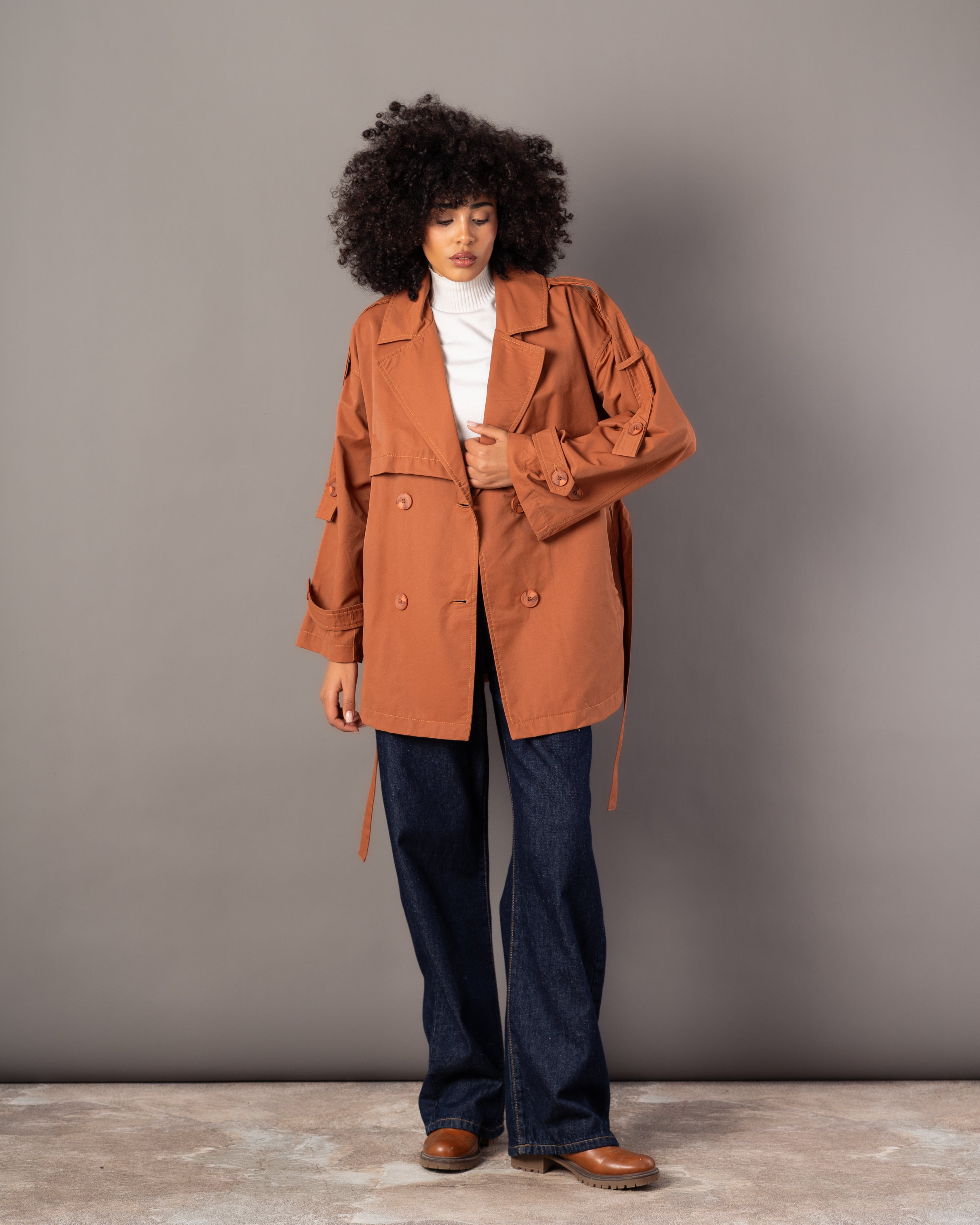 Gabardine Jacket – With Belt (Sleeve Buttons, Chest Detail)