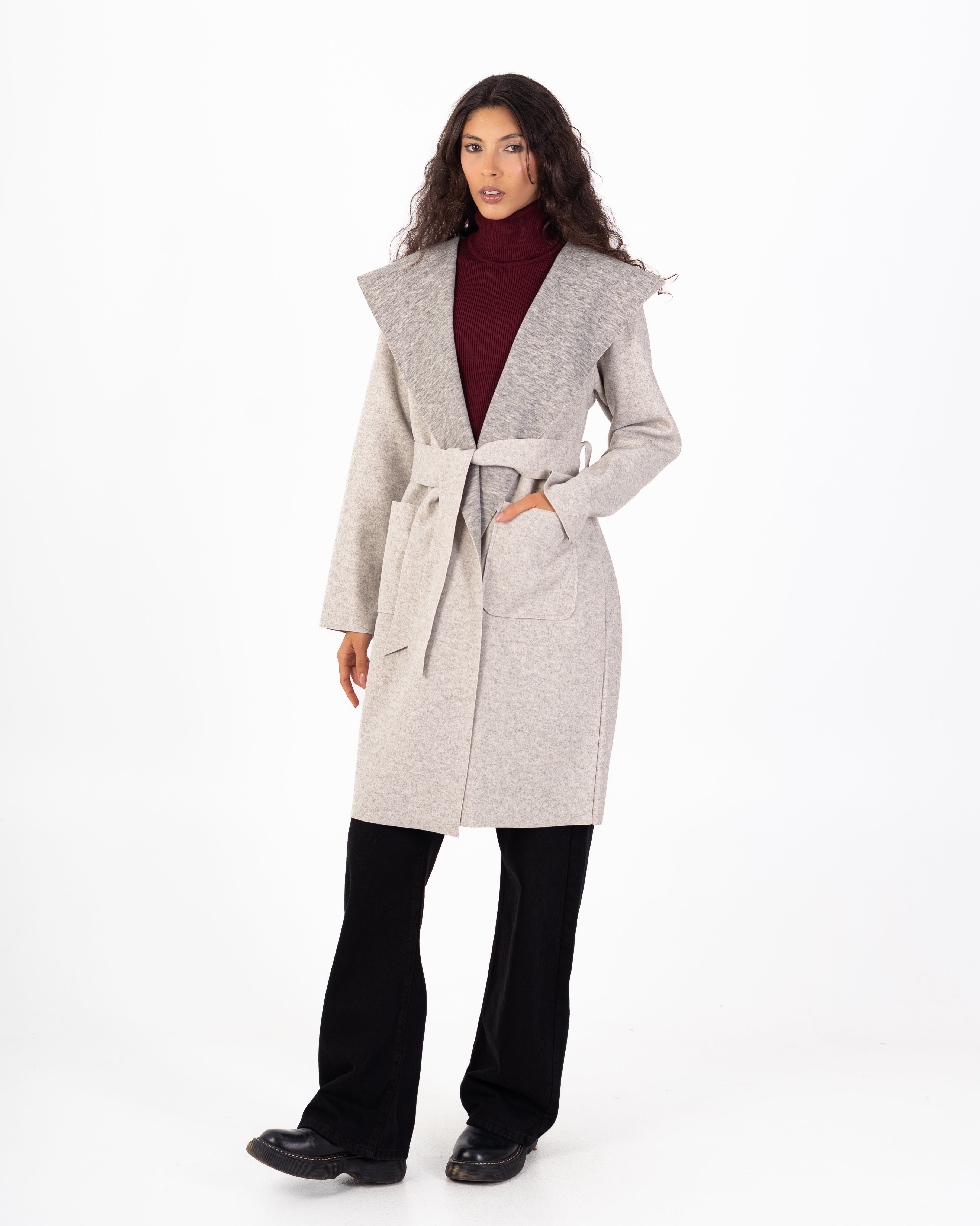 كارديجان صوف طويل (بغطاء رأس) مع حزام سادة