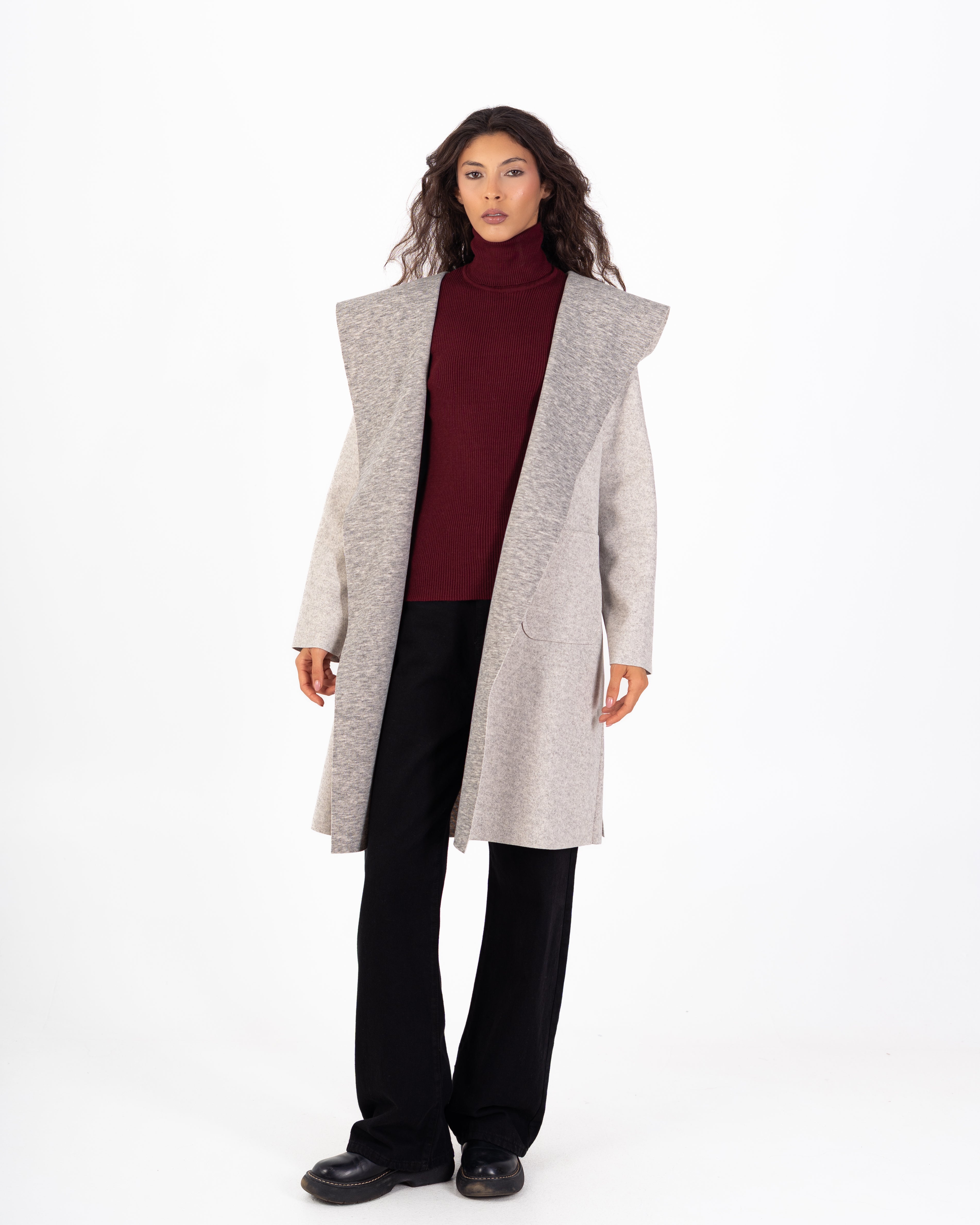 كارديجان صوف طويل (بغطاء رأس) مع حزام سادة