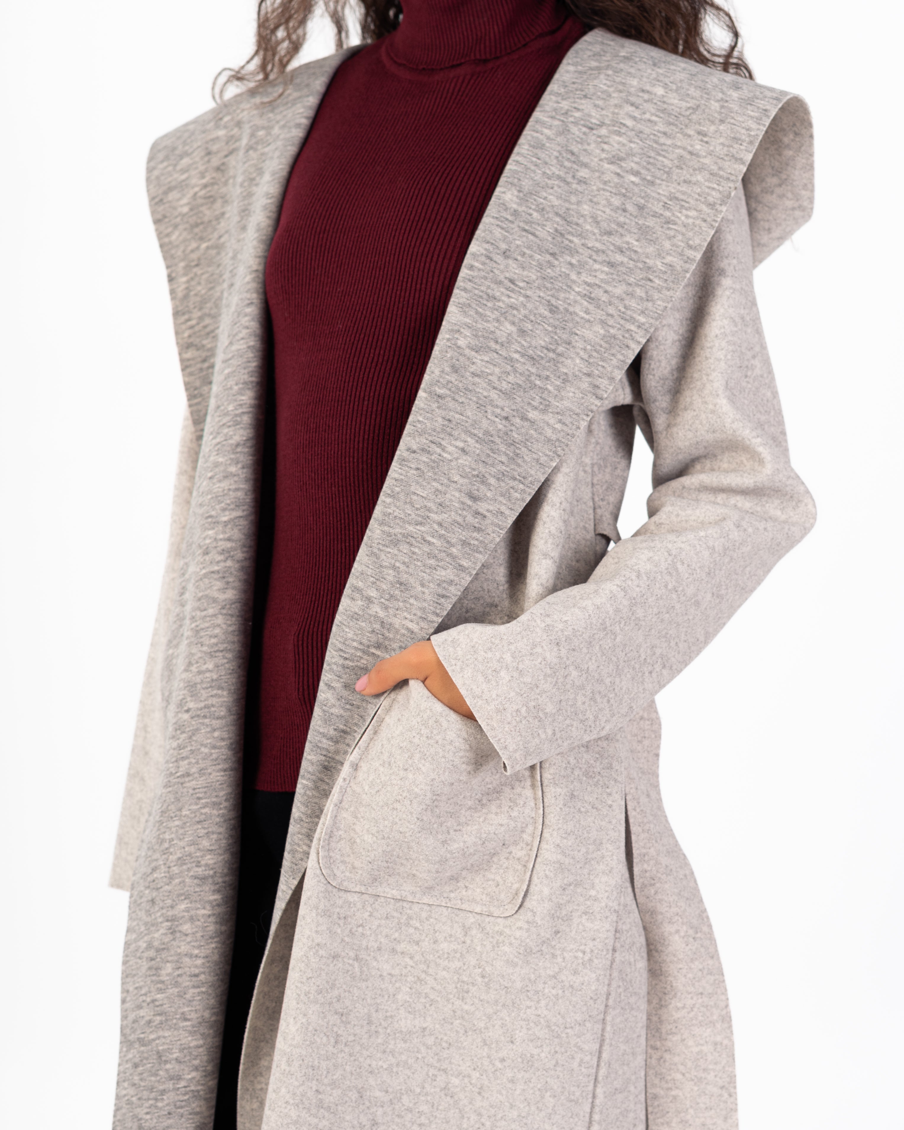 كارديجان صوف طويل (بغطاء رأس) مع حزام سادة