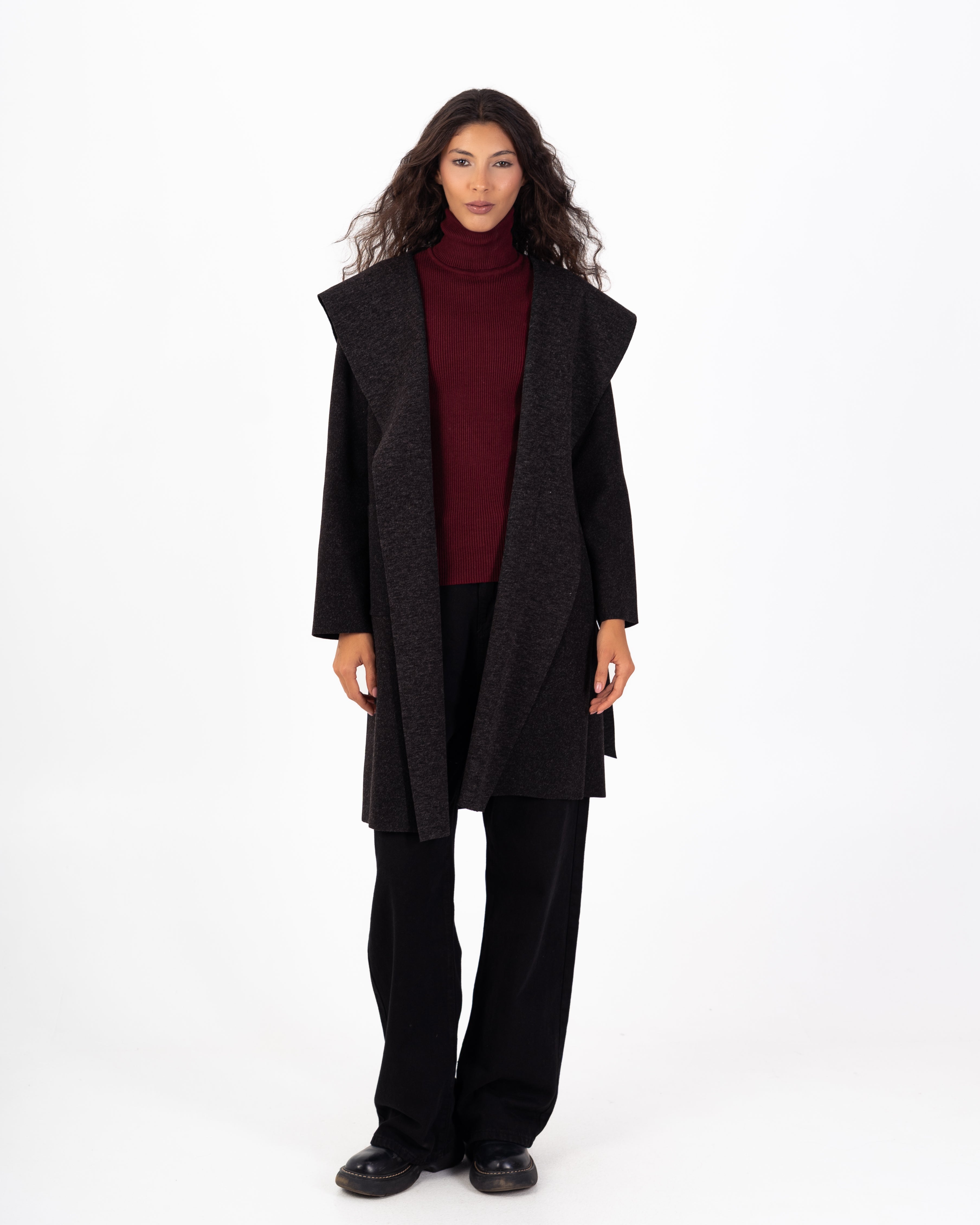 كارديجان صوف طويل (بغطاء رأس) مع حزام سادة