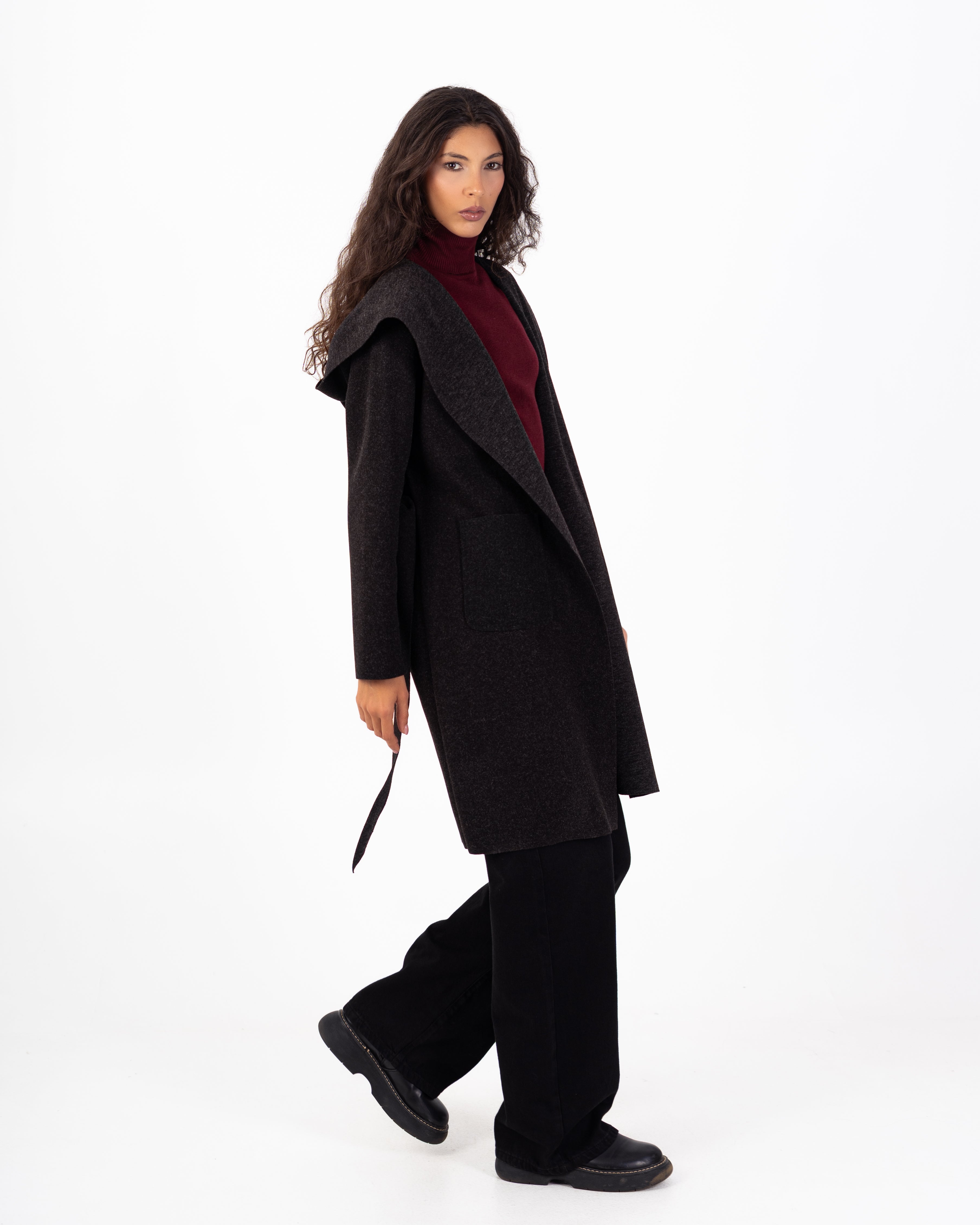 كارديجان صوف طويل (بغطاء رأس) مع حزام سادة