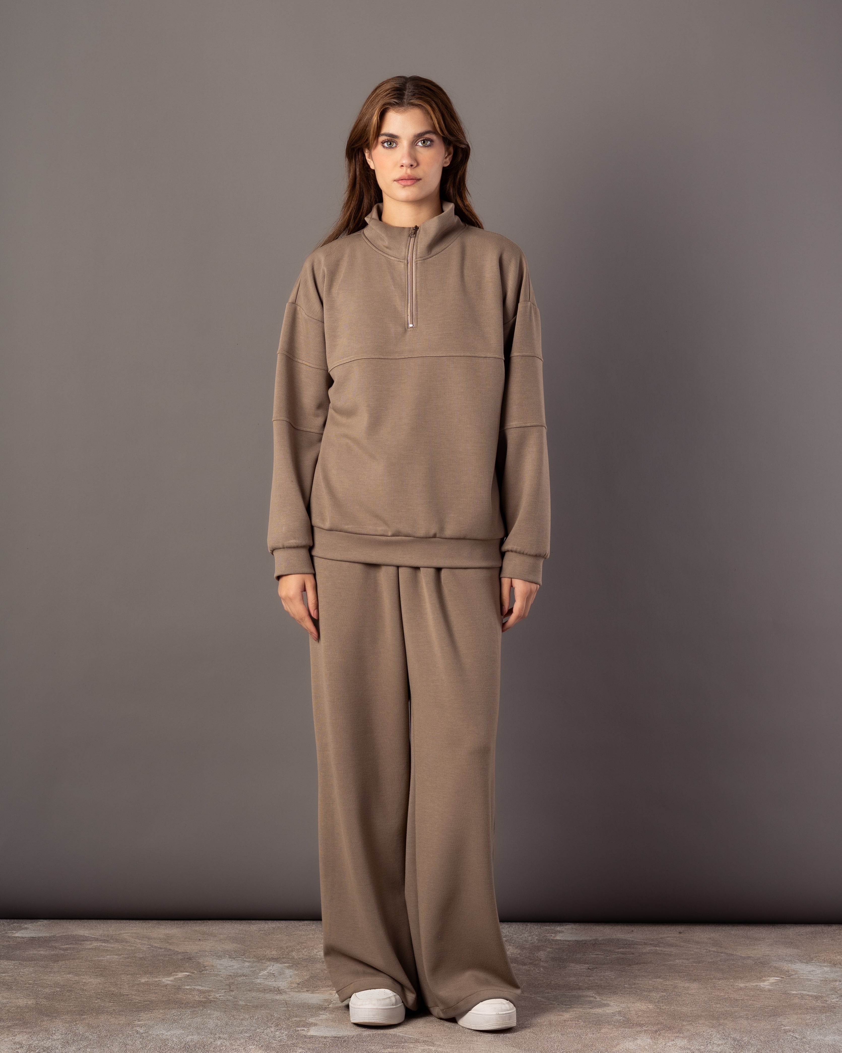 Plain Sweatshirt – Zip Neck (Chest & Sleeve Stripe)