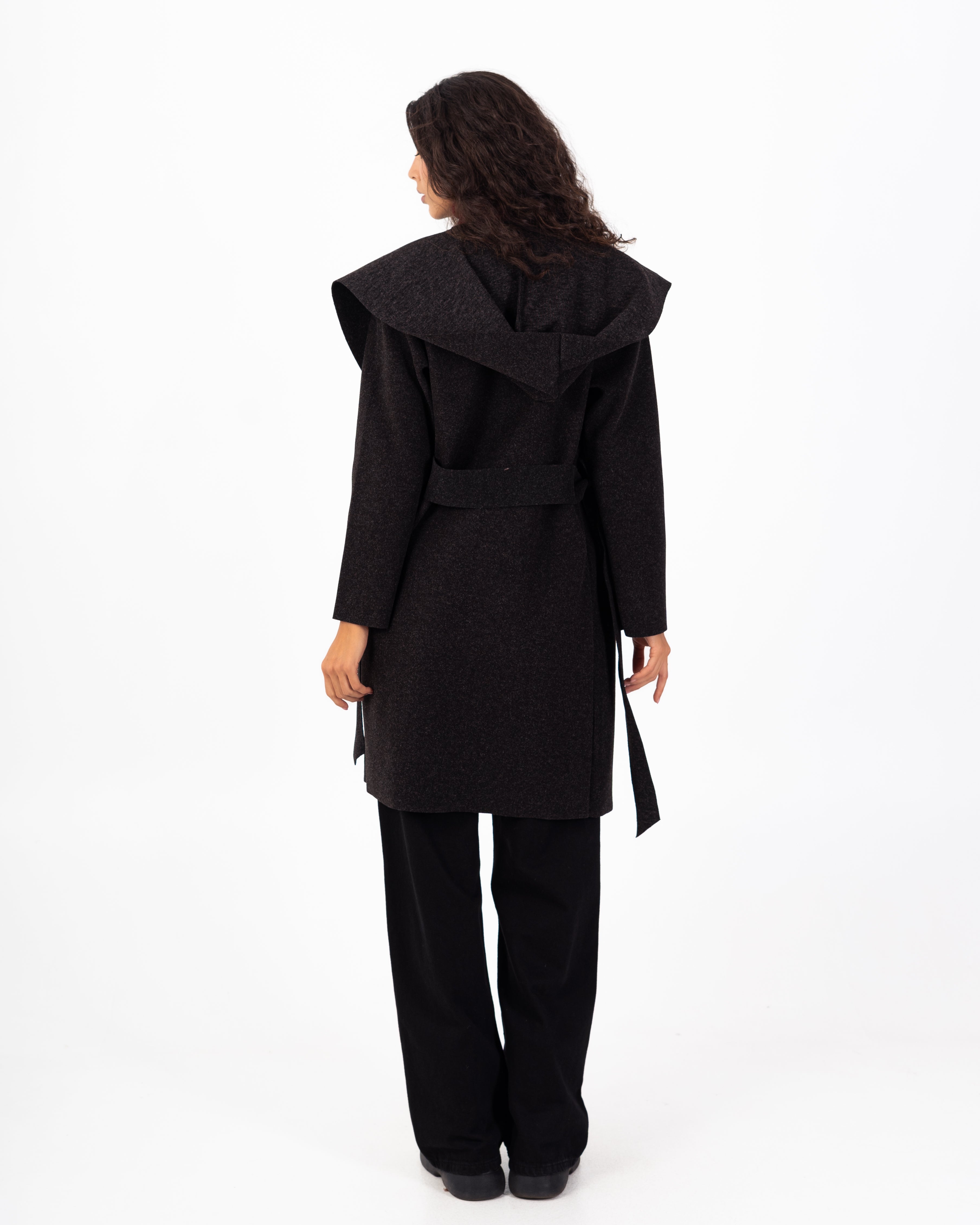 كارديجان صوف طويل (بغطاء رأس) مع حزام سادة