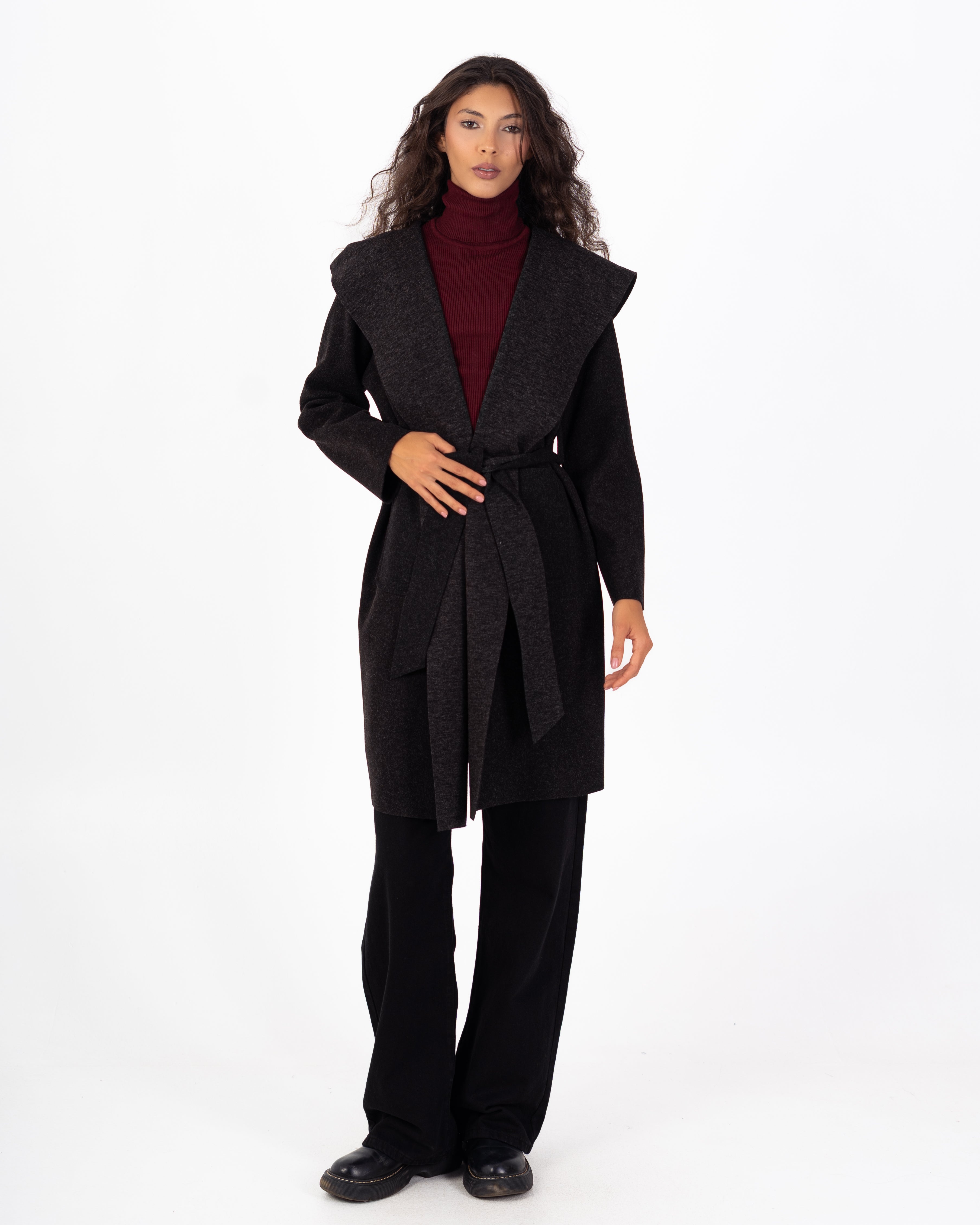 كارديجان صوف طويل (بغطاء رأس) مع حزام سادة