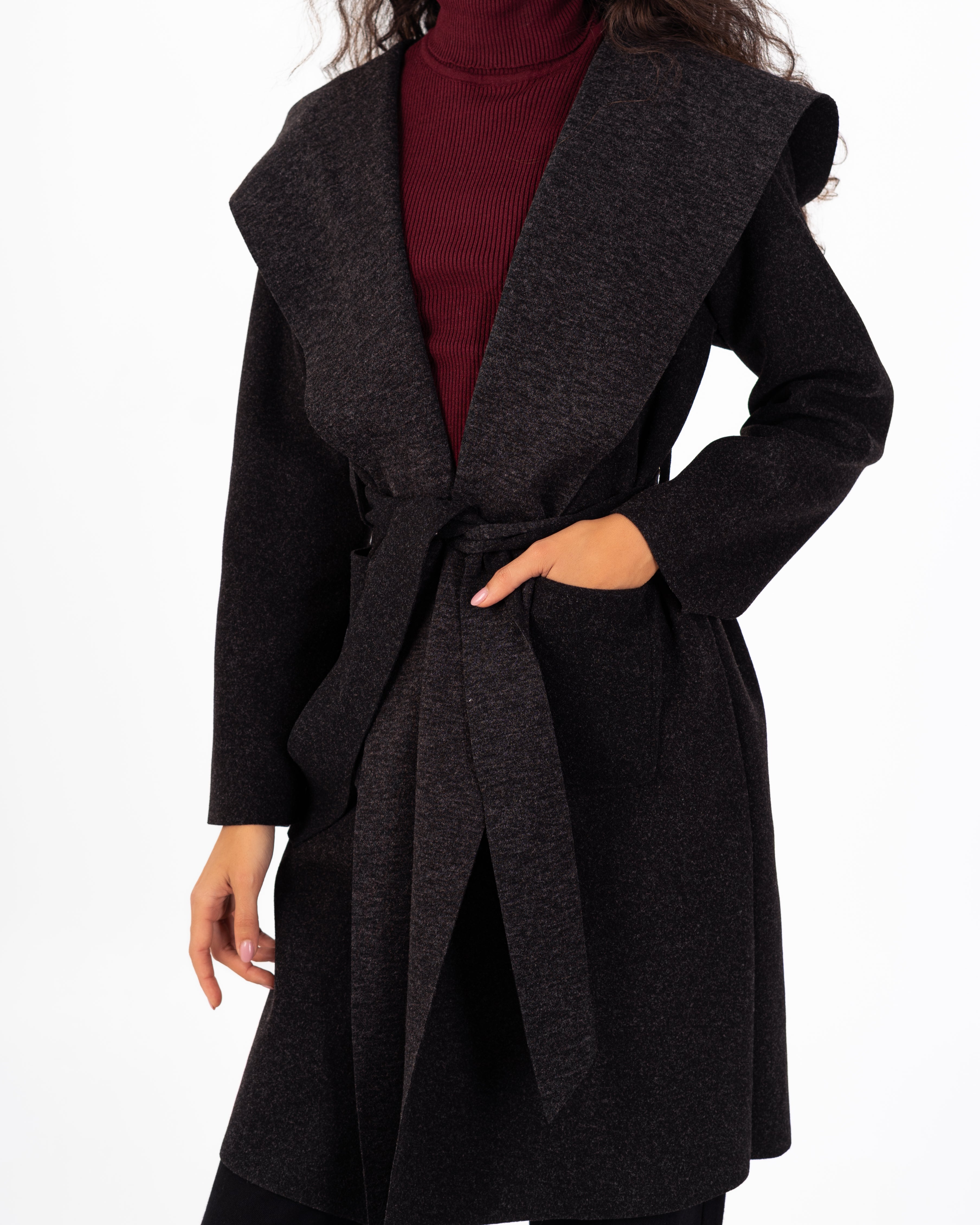 كارديجان صوف طويل (بغطاء رأس) مع حزام سادة