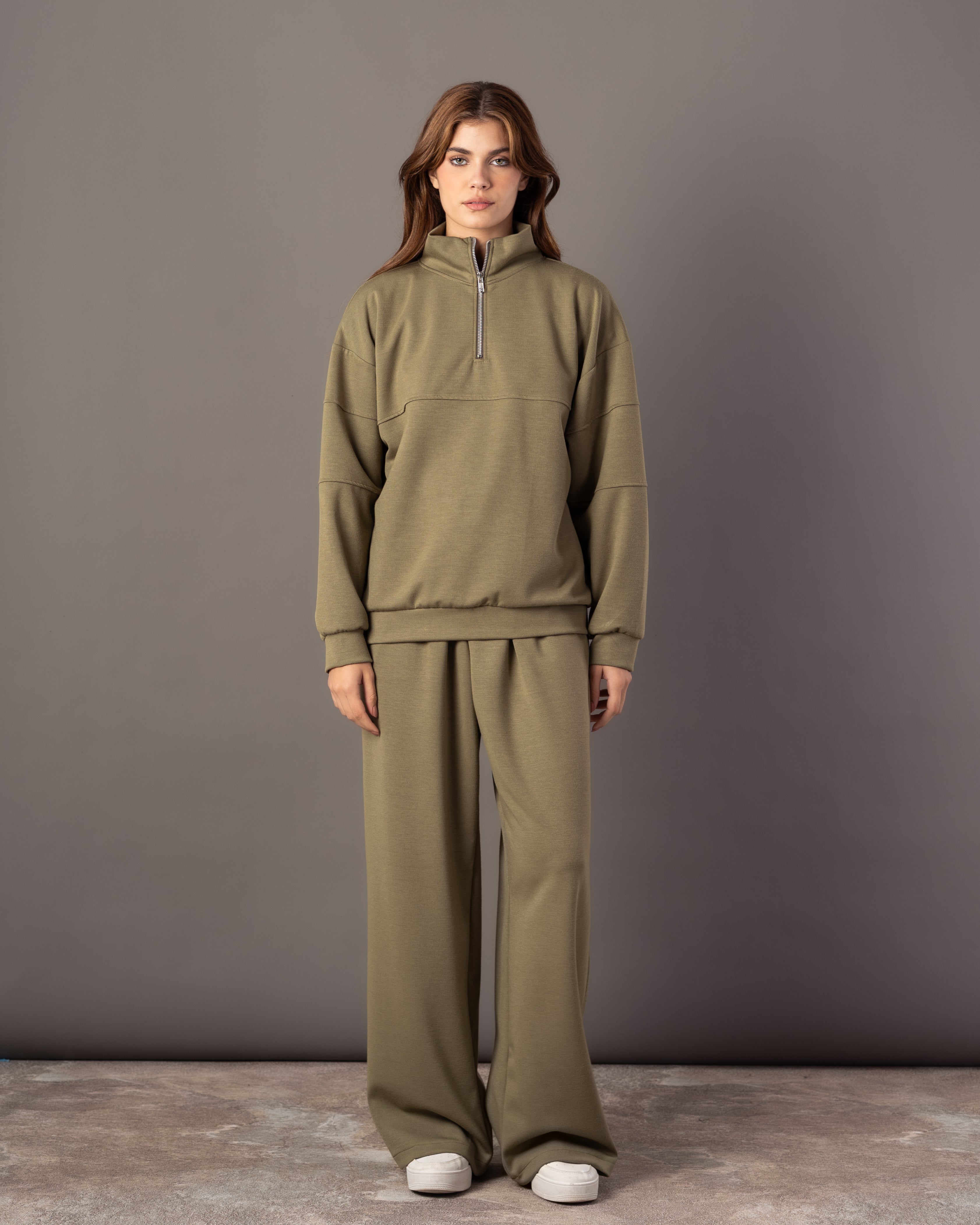 Plain Sweatshirt – Zip Neck (Chest & Sleeve Stripe)