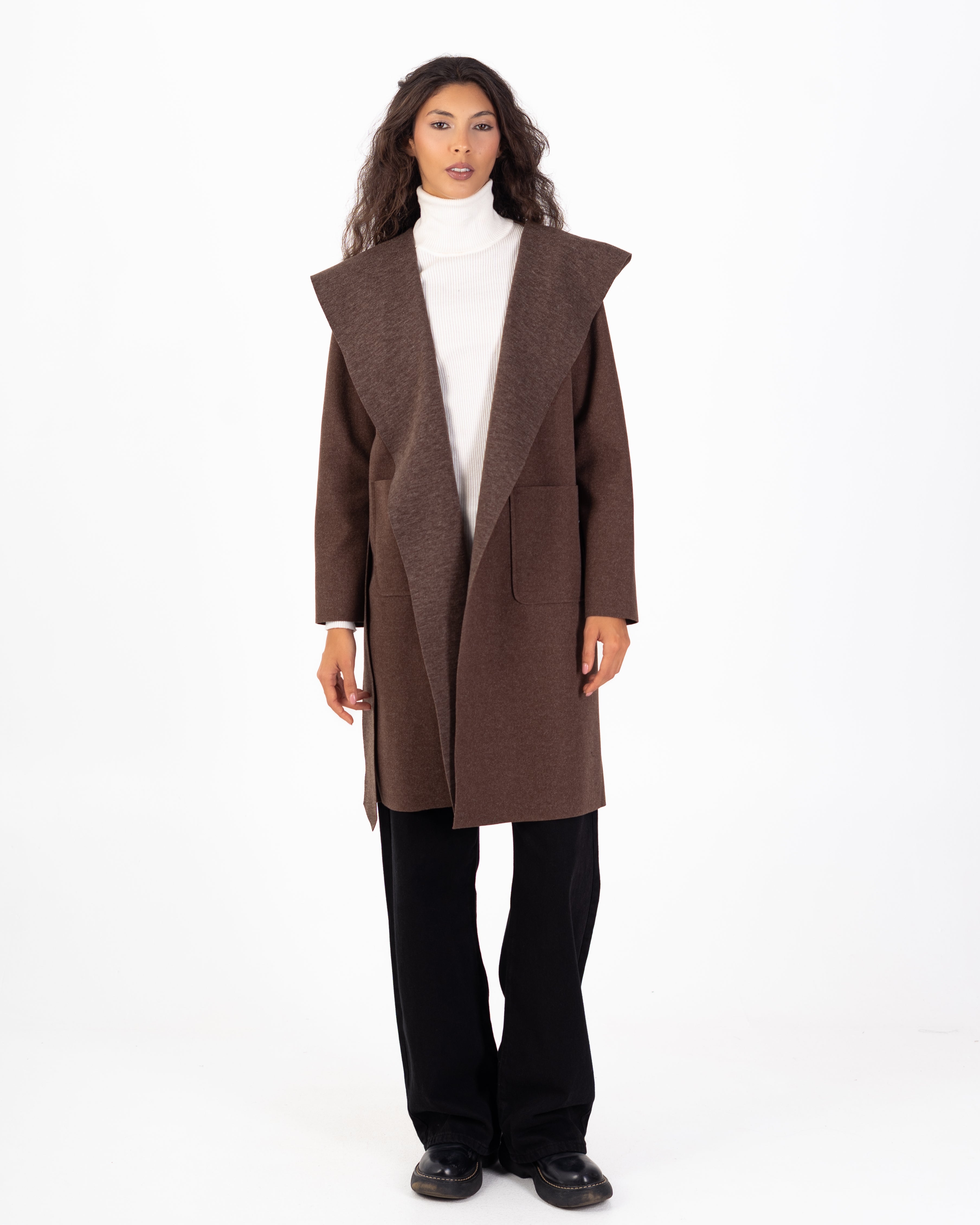 كارديجان صوف طويل (بغطاء رأس) مع حزام سادة