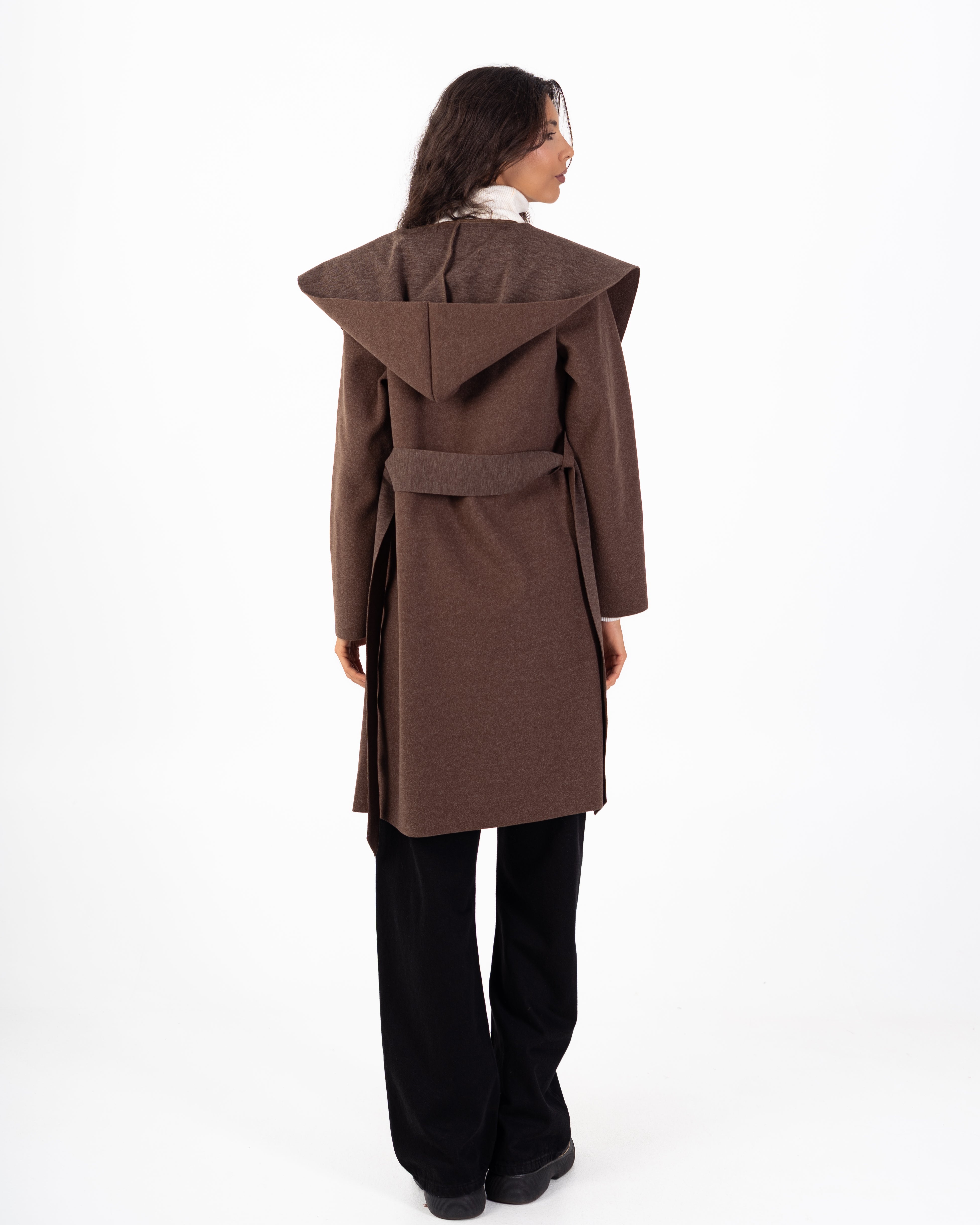 كارديجان صوف طويل (بغطاء رأس) مع حزام سادة