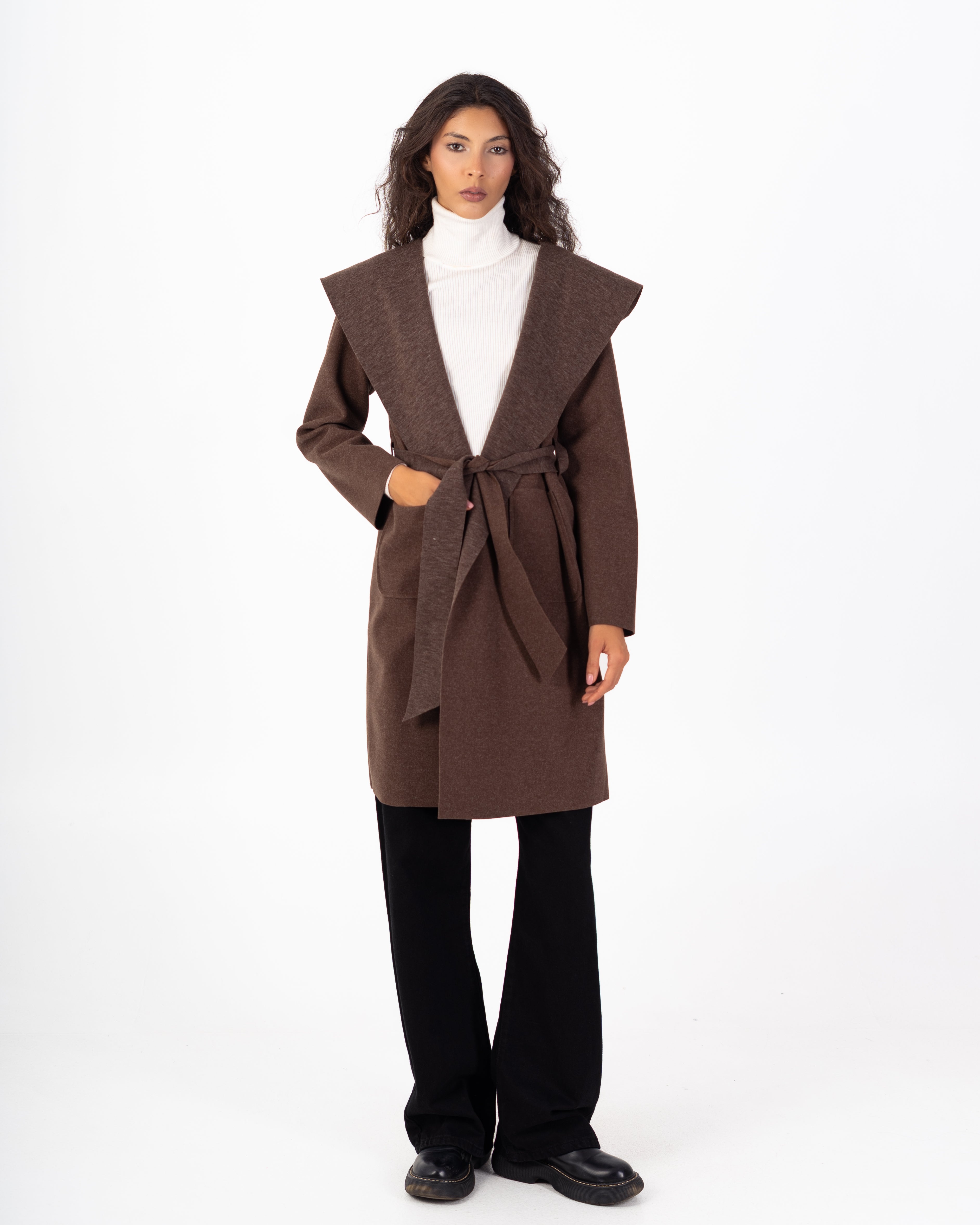 كارديجان صوف طويل (بغطاء رأس) مع حزام سادة