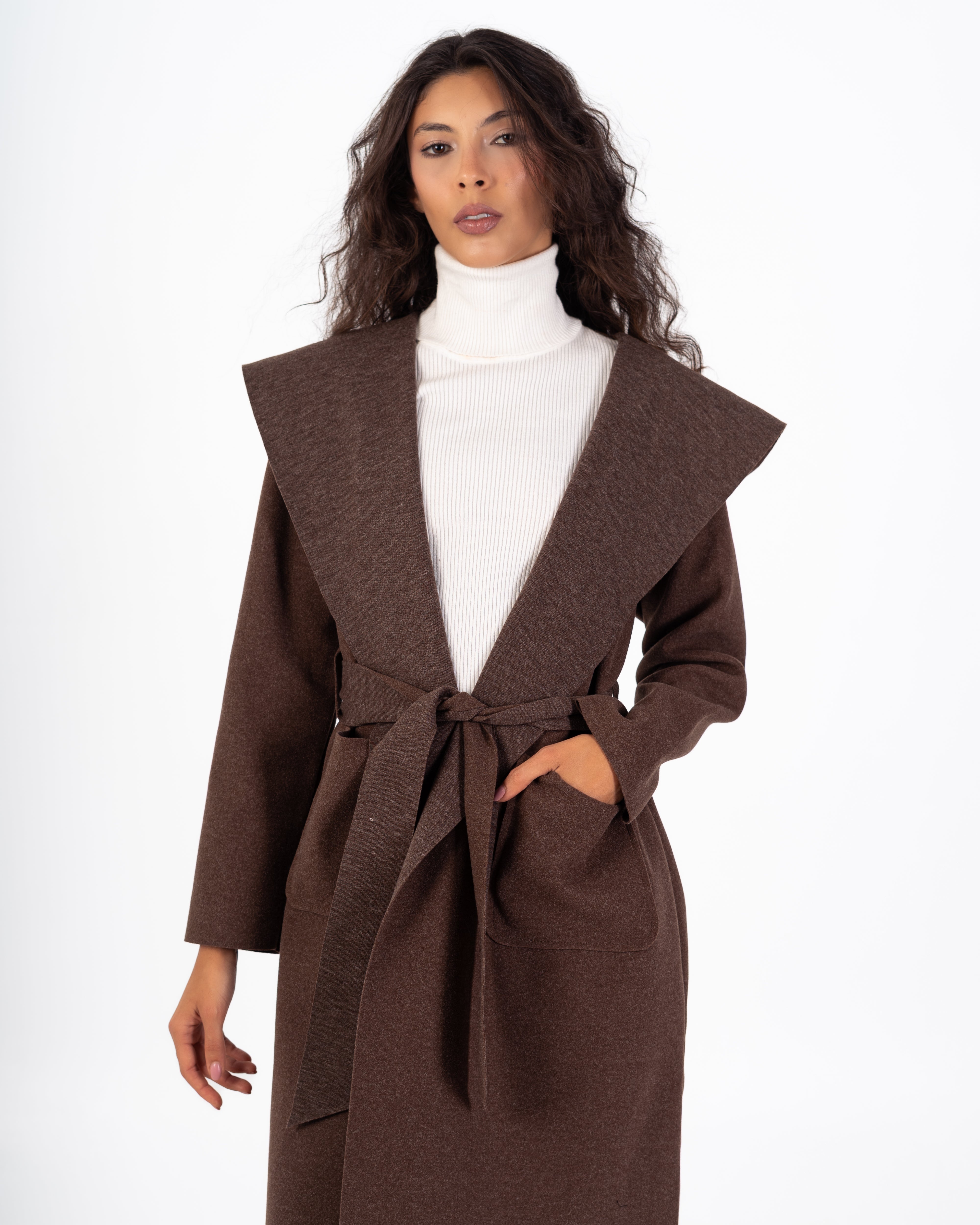 كارديجان صوف طويل (بغطاء رأس) مع حزام سادة