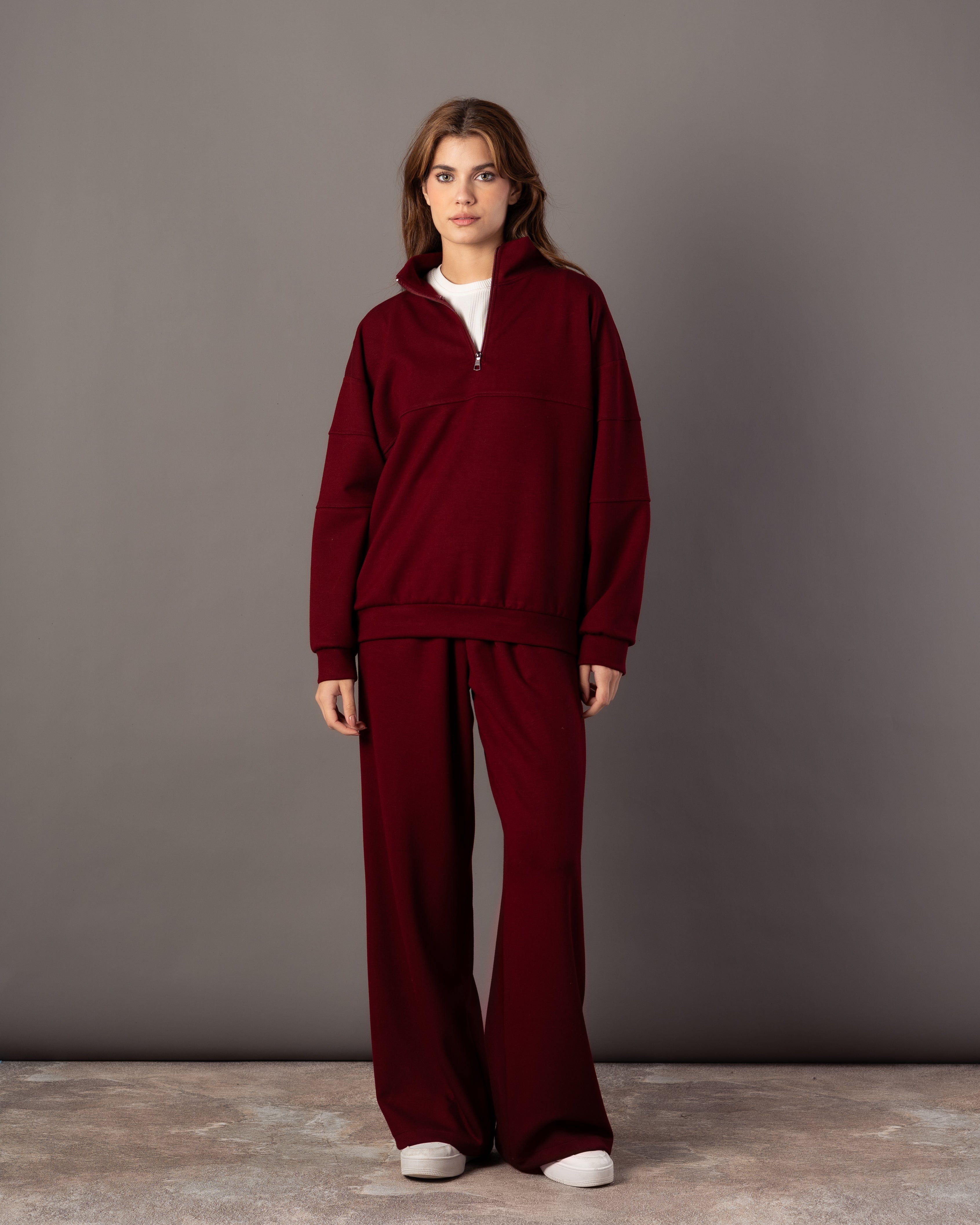 Plain Sweatshirt – Zip Neck (Chest & Sleeve Stripe)