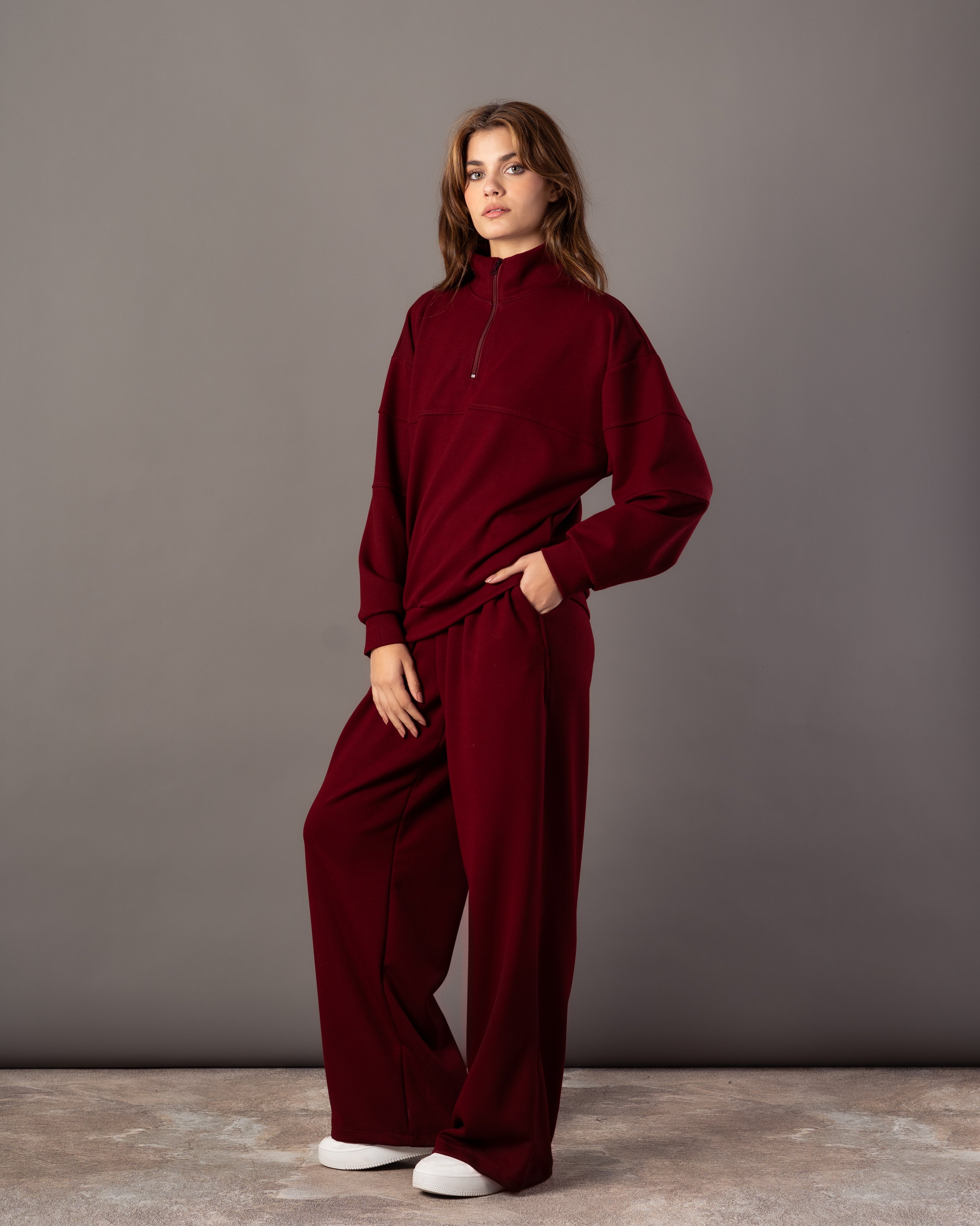 Plain Sweatshirt – Zip Neck (Chest & Sleeve Stripe)