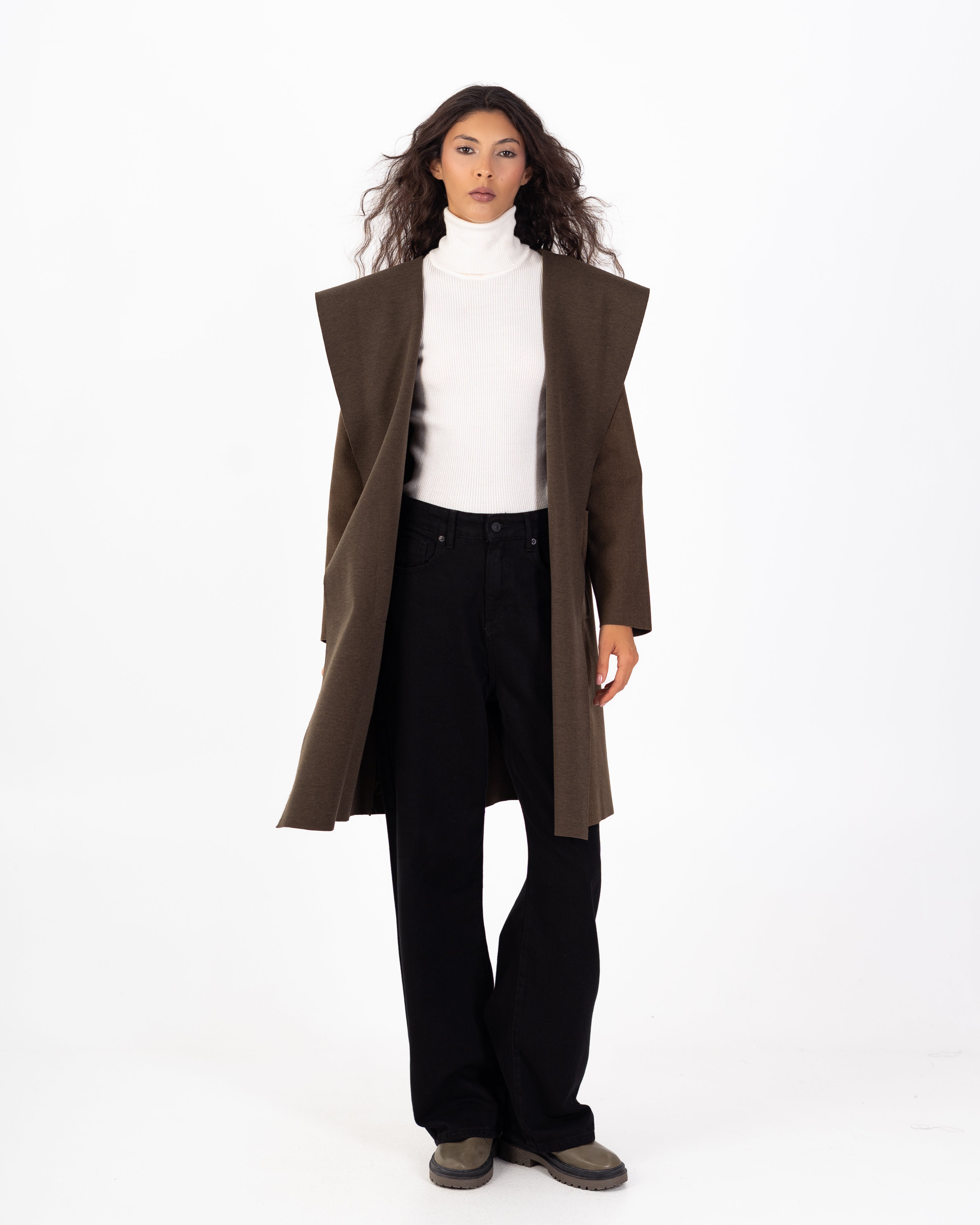 كارديجان صوف طويل (بغطاء رأس) مع حزام سادة