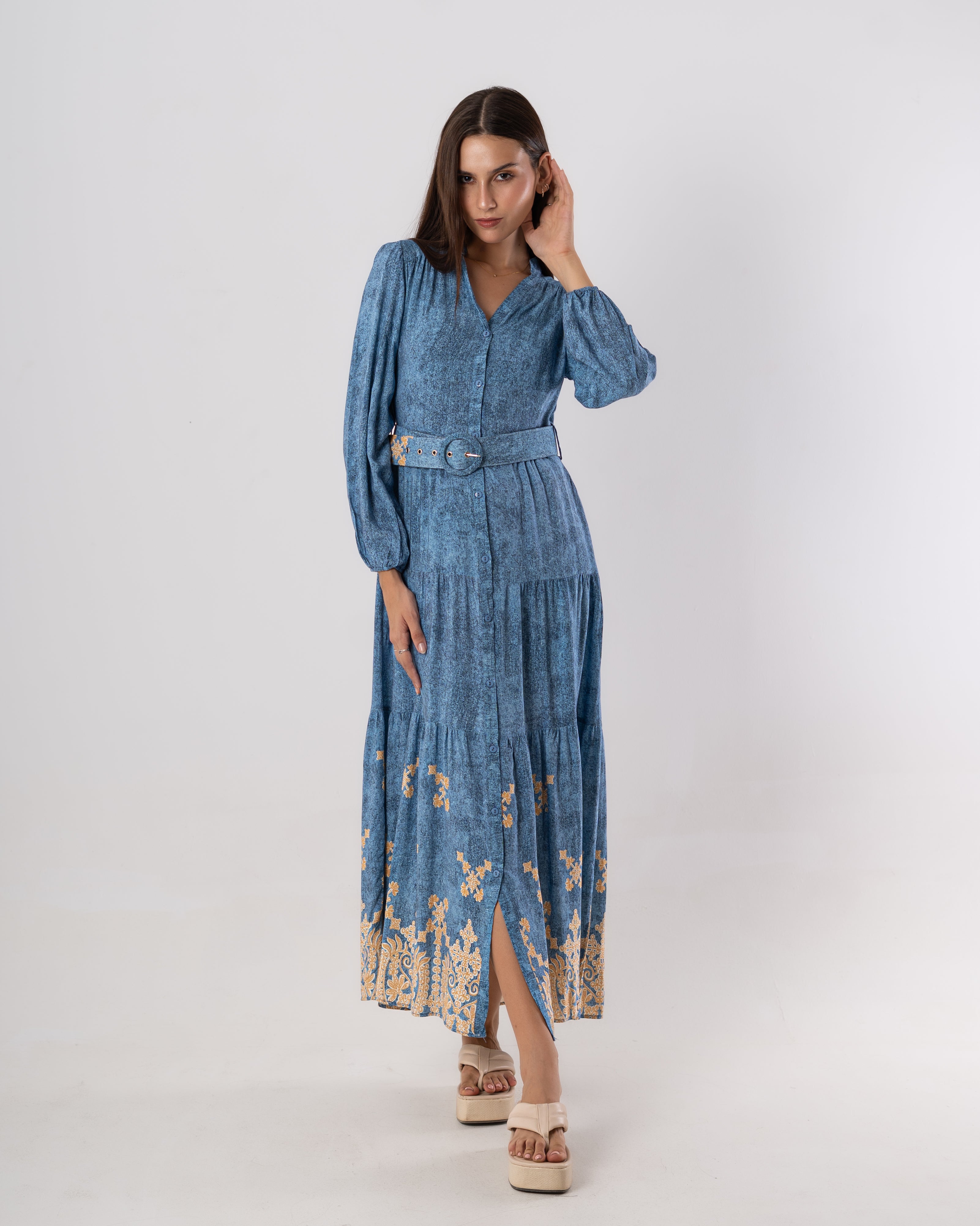 Long Dress – Floral Design ( Buttoned )