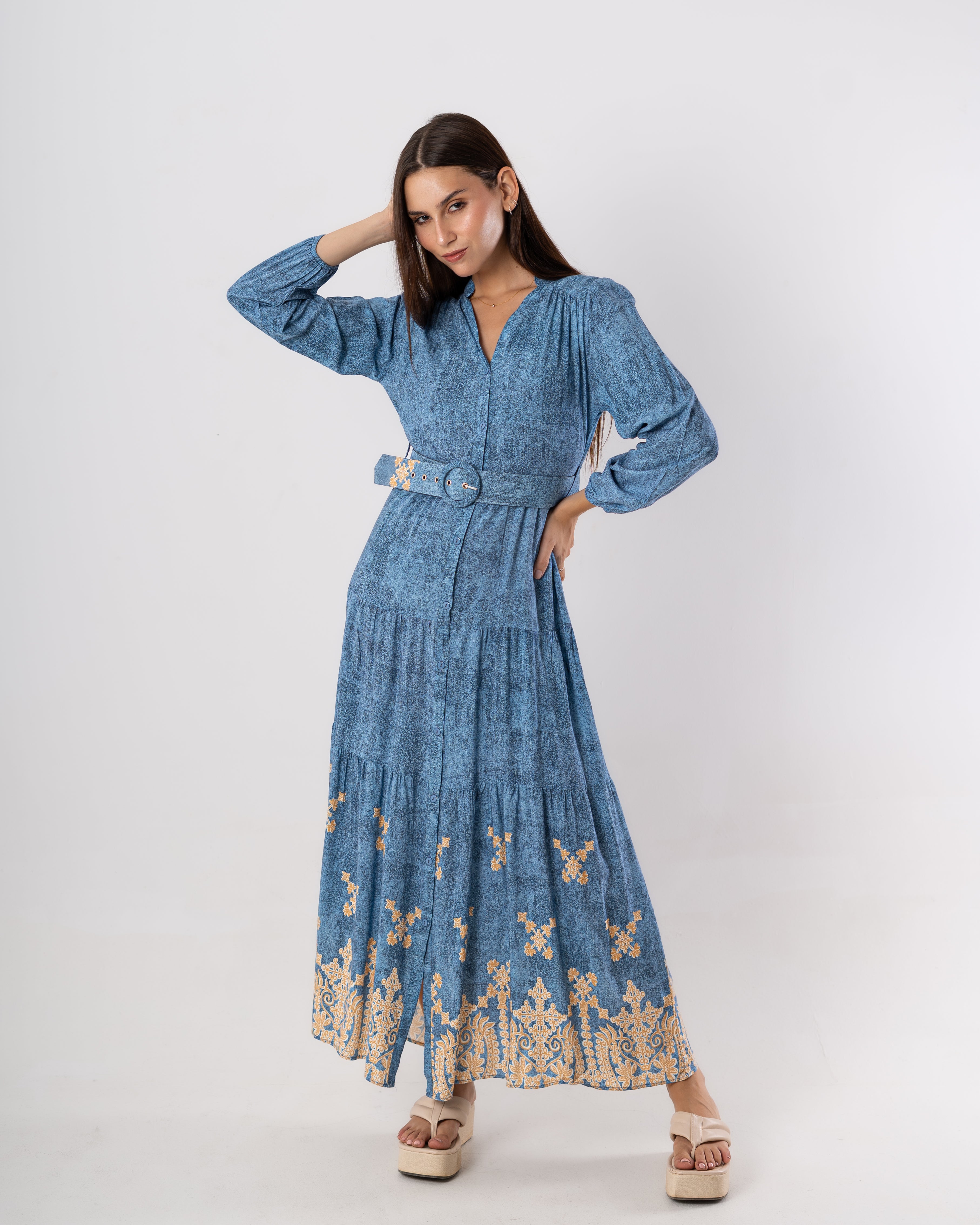 Long Dress – Floral Design ( Buttoned )