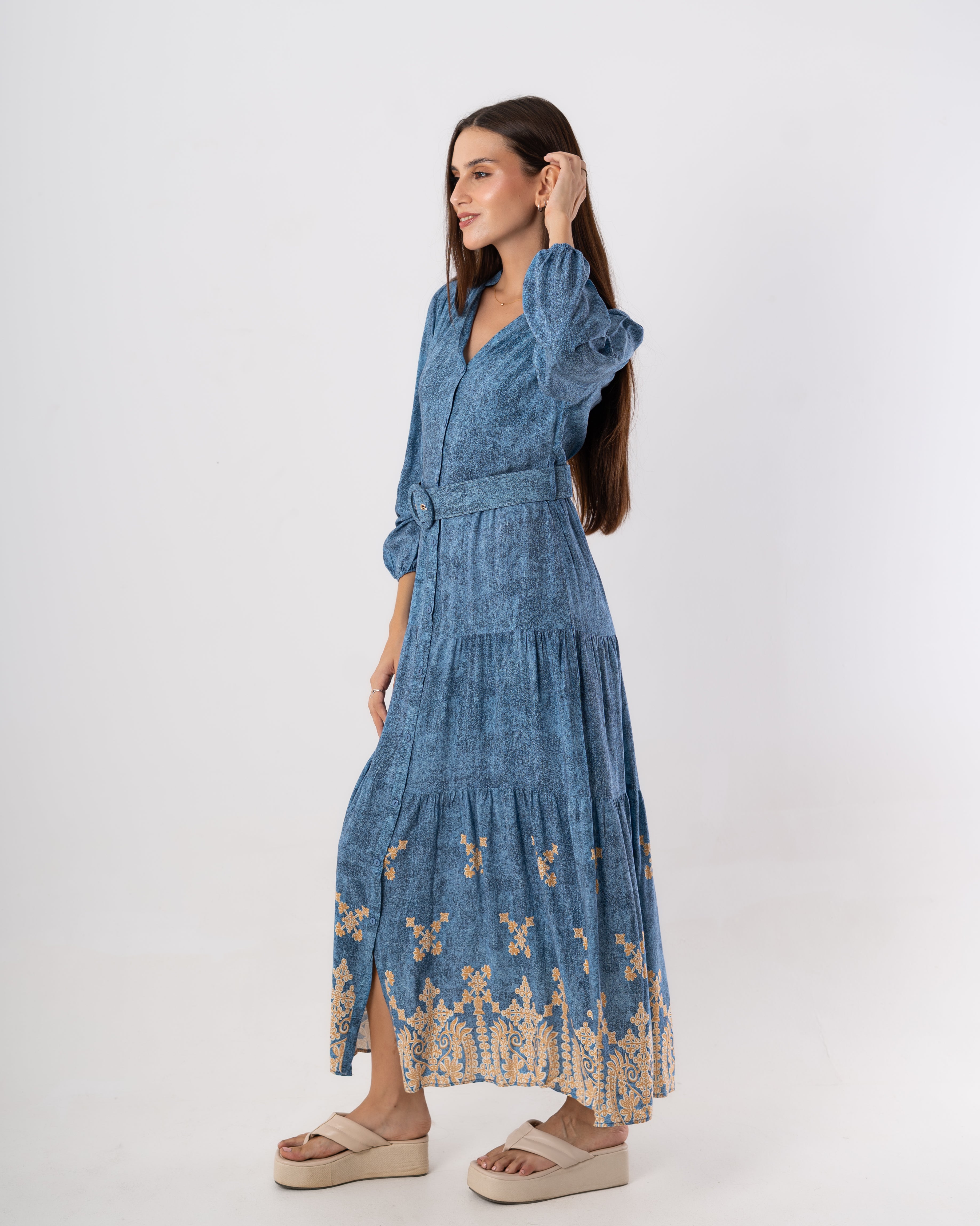Long Dress – Floral Design ( Buttoned )