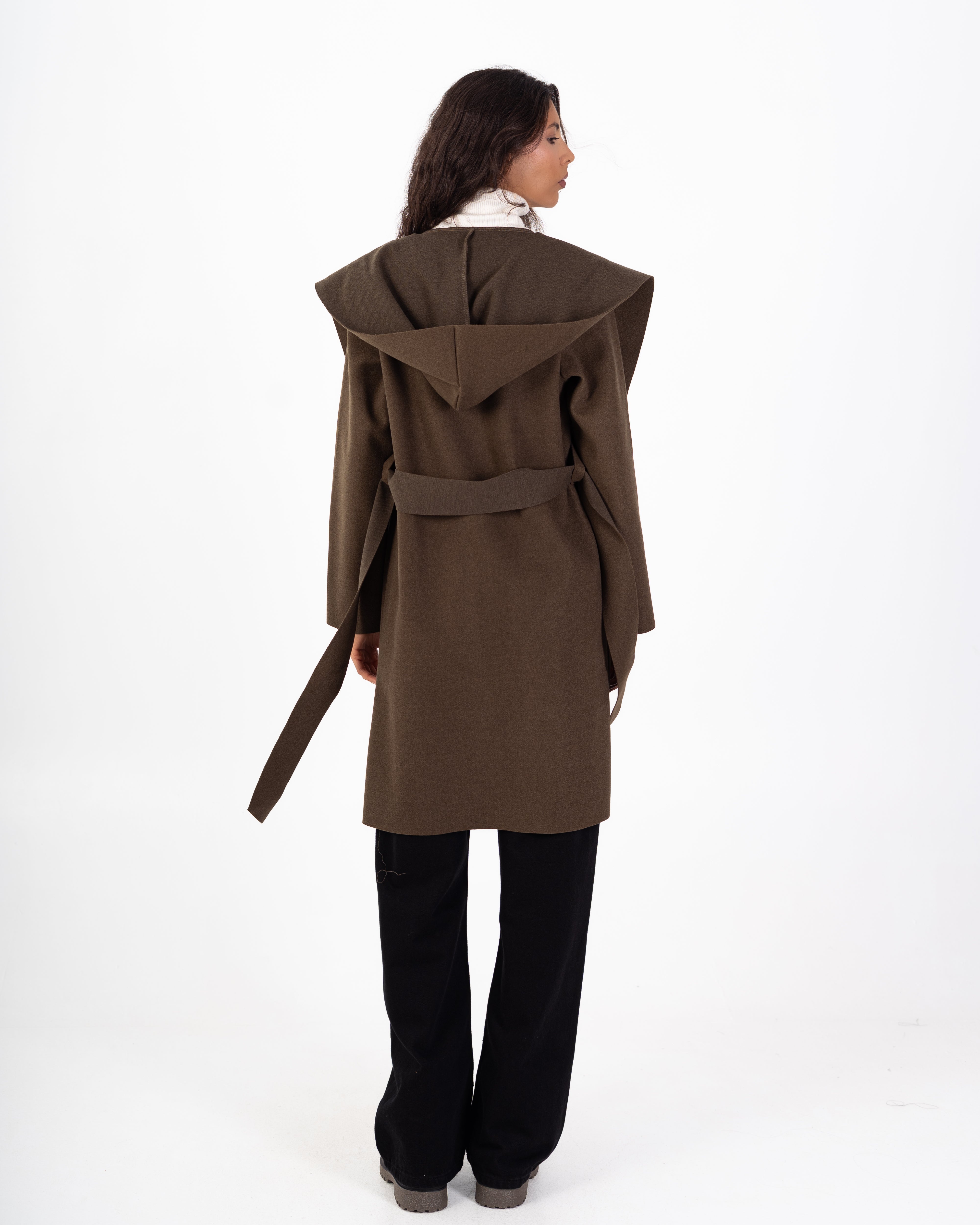 كارديجان صوف طويل (بغطاء رأس) مع حزام سادة