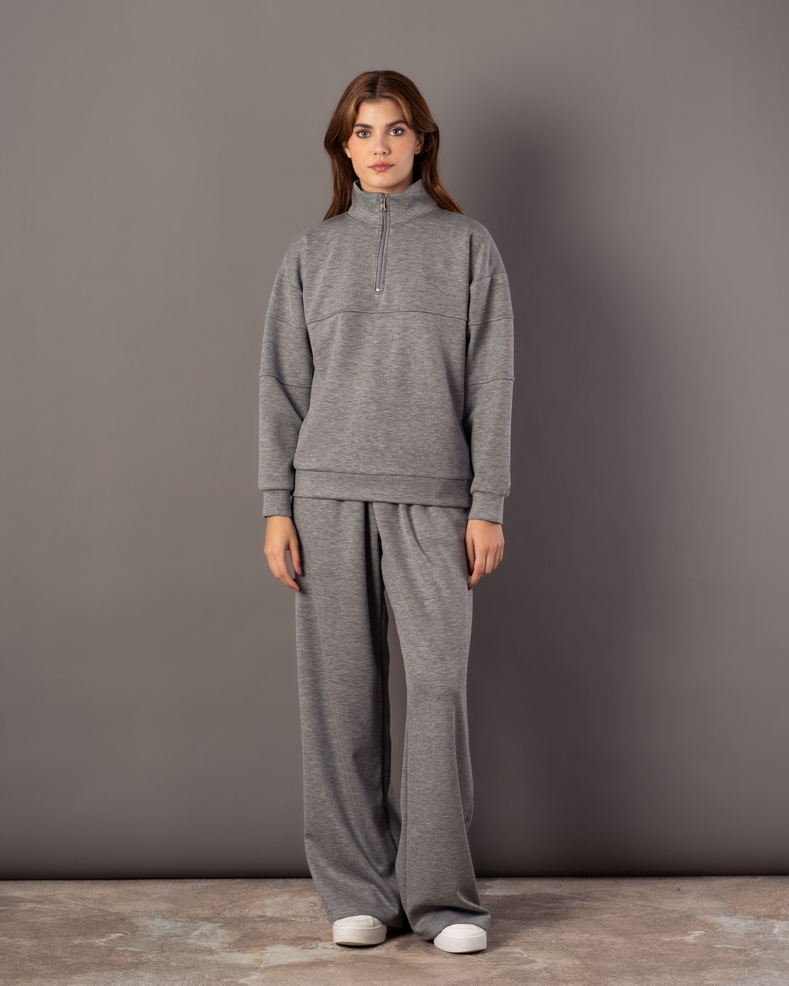 Plain Sweatshirt – Zip Neck (Chest & Sleeve Stripe)