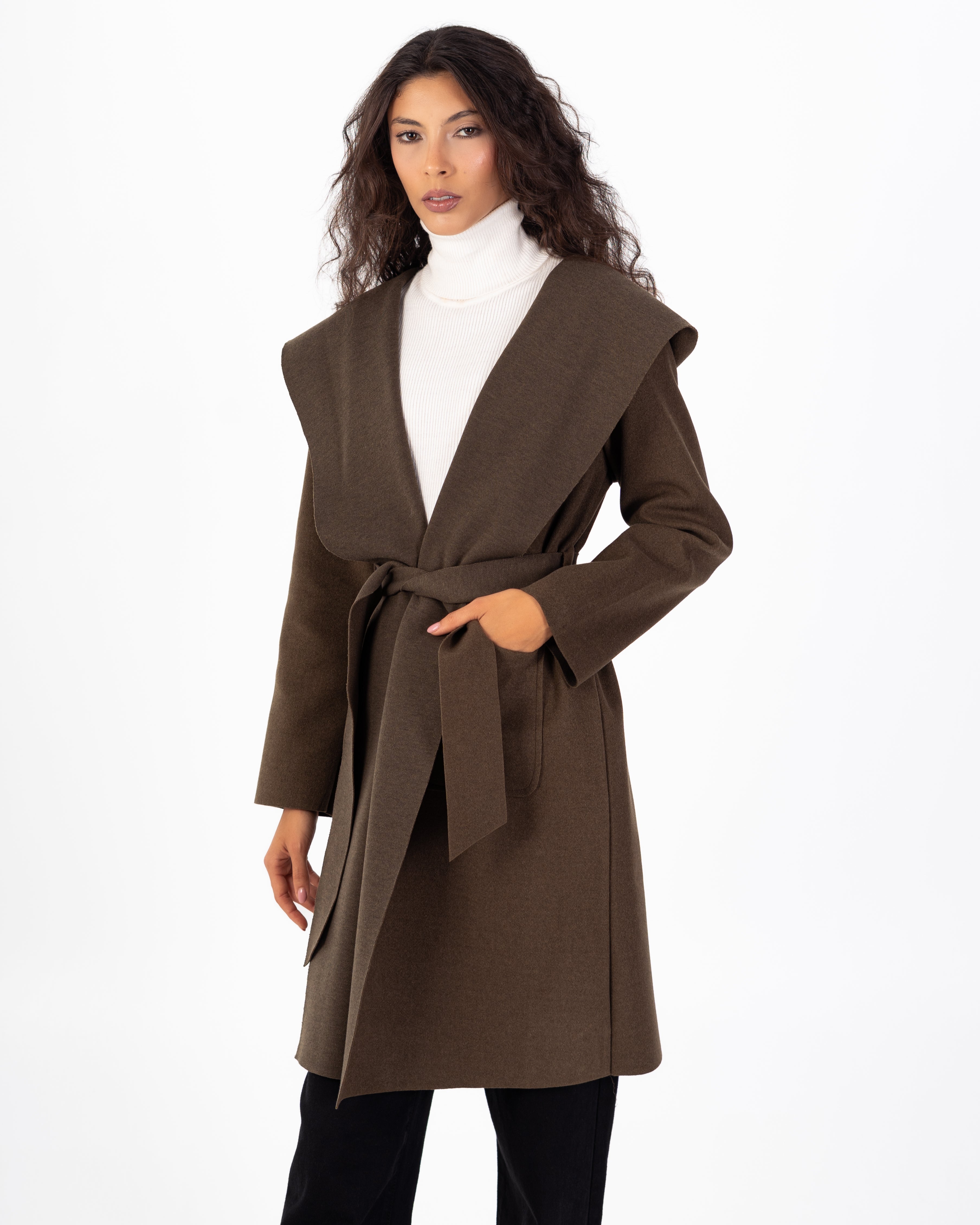 كارديجان صوف طويل (بغطاء رأس) مع حزام سادة