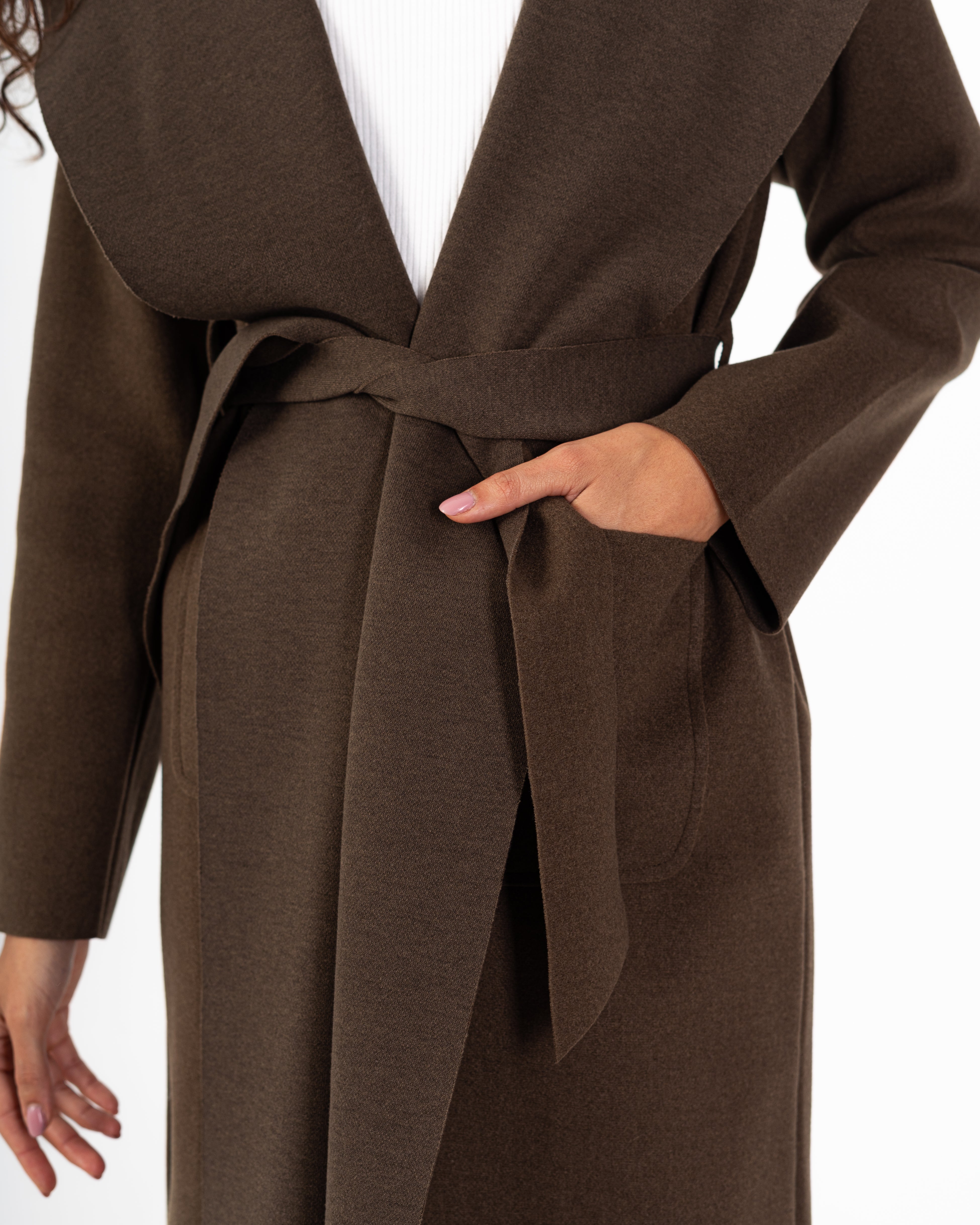 كارديجان صوف طويل (بغطاء رأس) مع حزام سادة