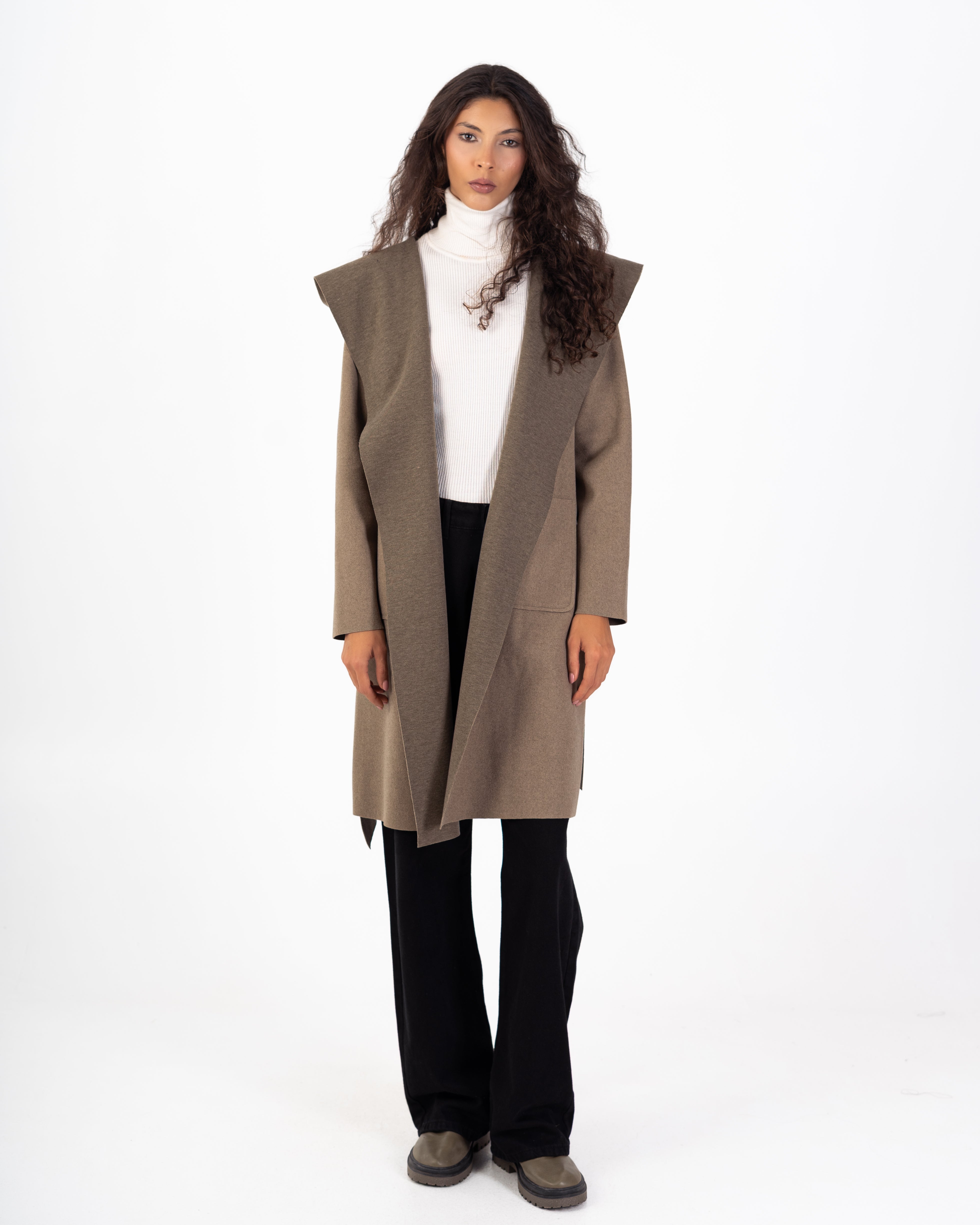 كارديجان صوف طويل (بغطاء رأس) مع حزام سادة