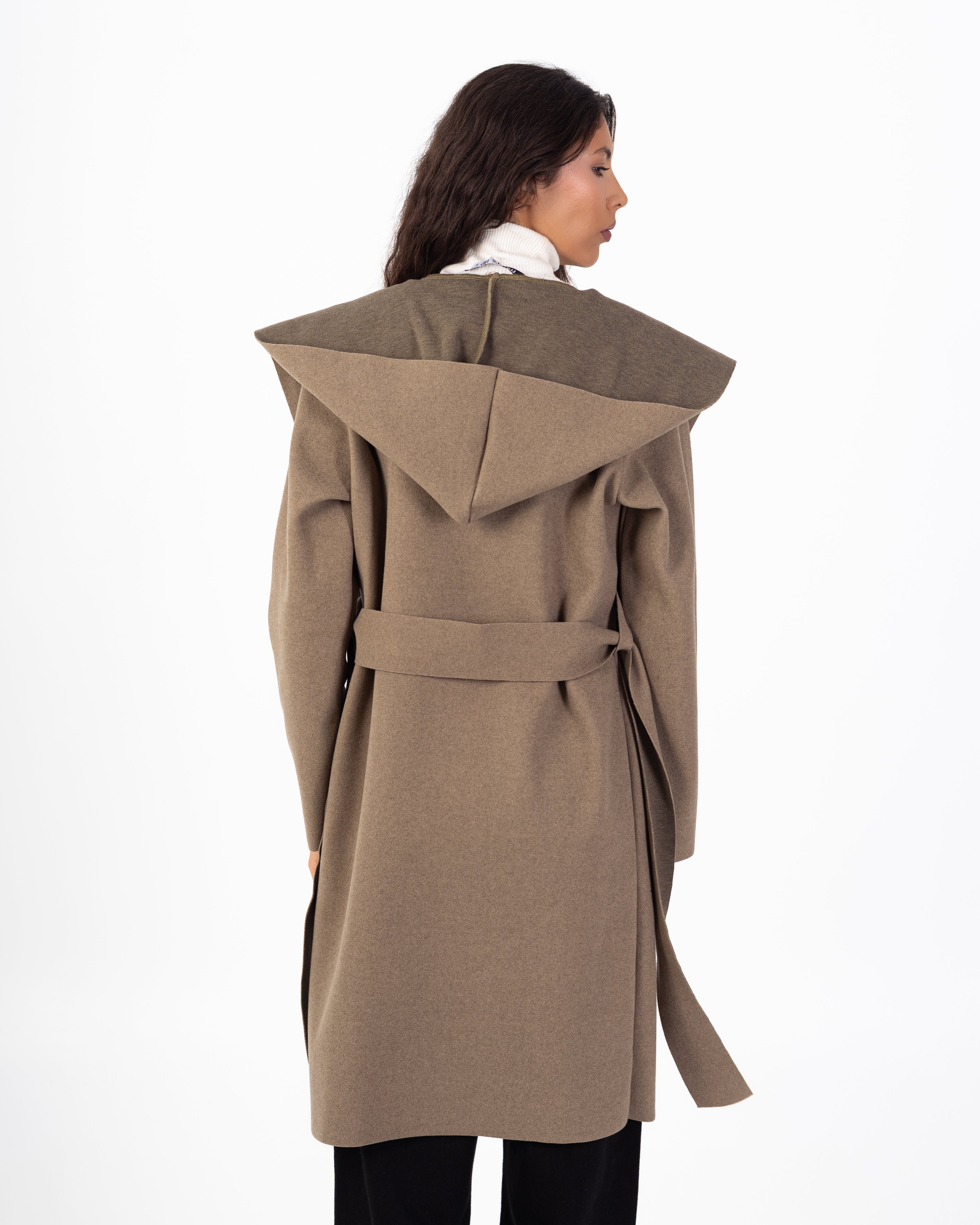 كارديجان صوف طويل (بغطاء رأس) مع حزام سادة