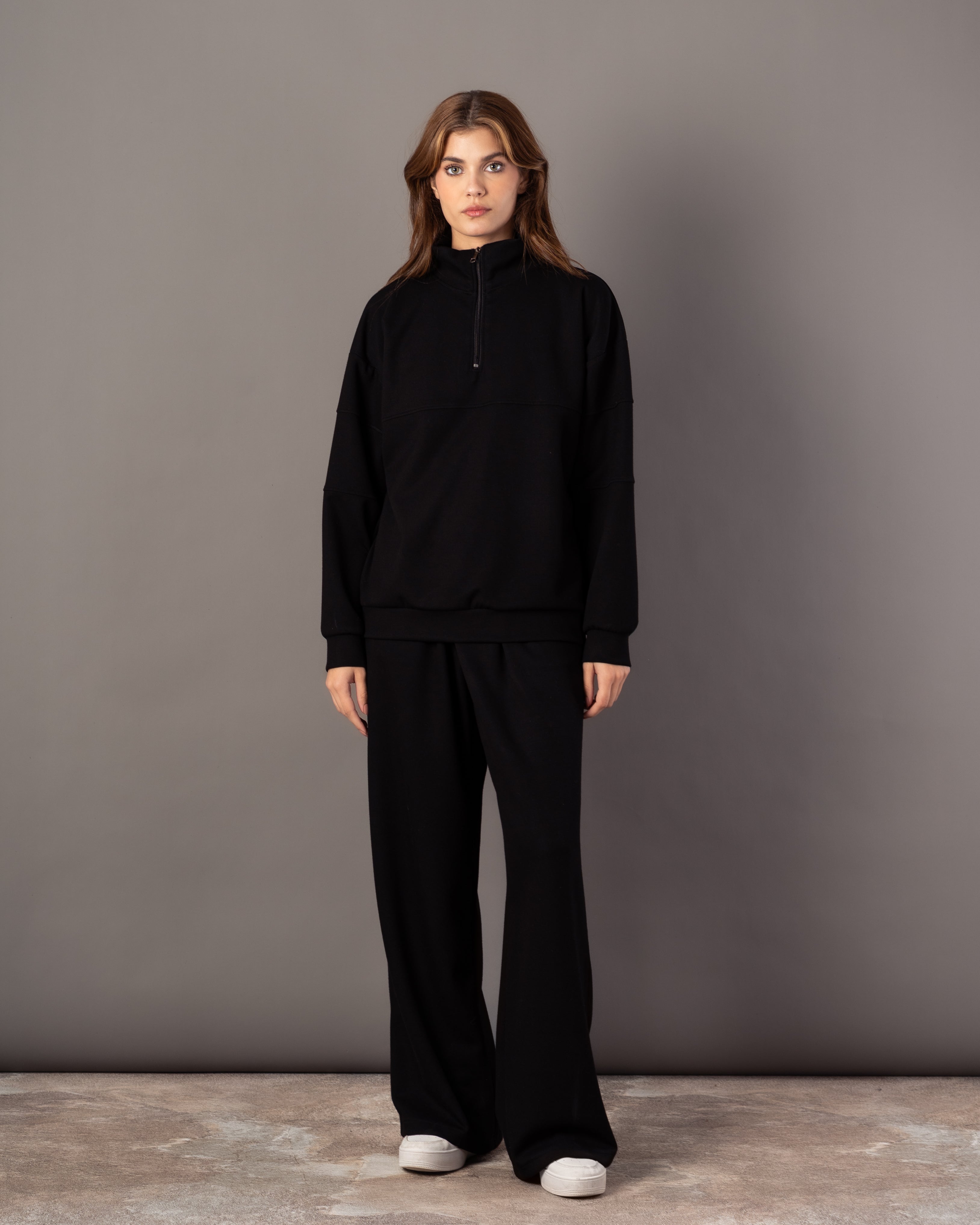 Plain Sweatshirt – Zip Neck (Chest & Sleeve Stripe)