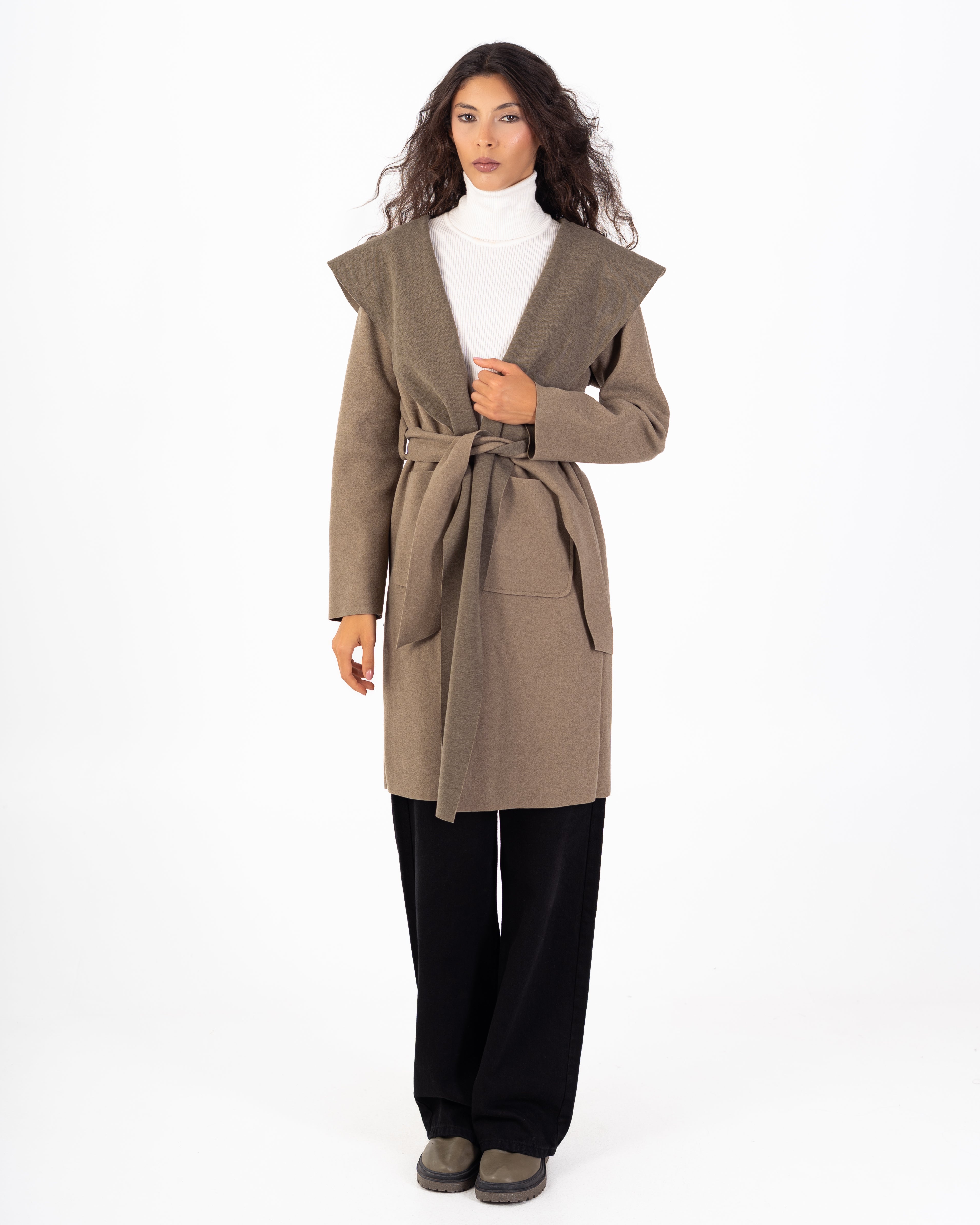 كارديجان صوف طويل (بغطاء رأس) مع حزام سادة