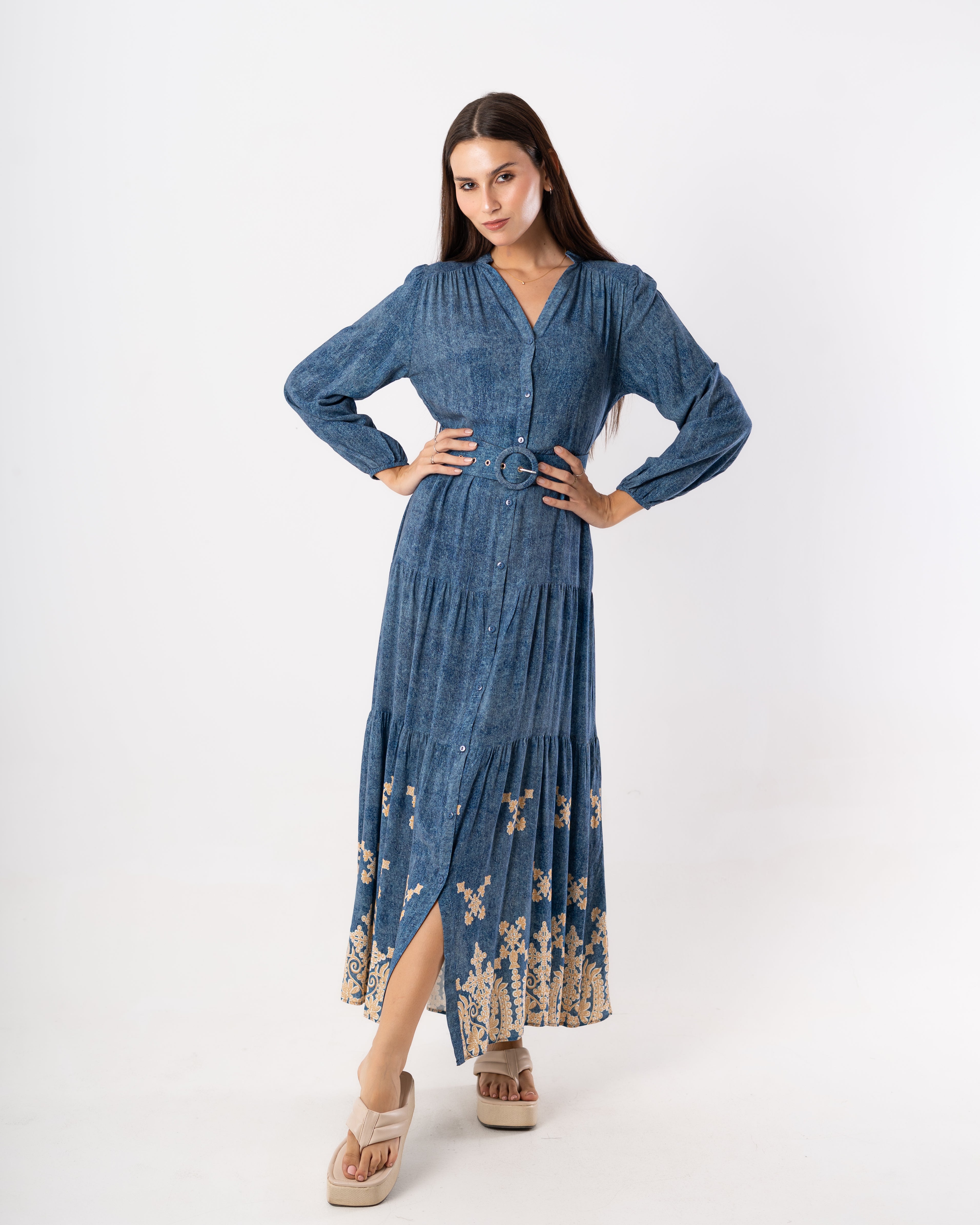 Long Dress – Floral Design ( Buttoned )