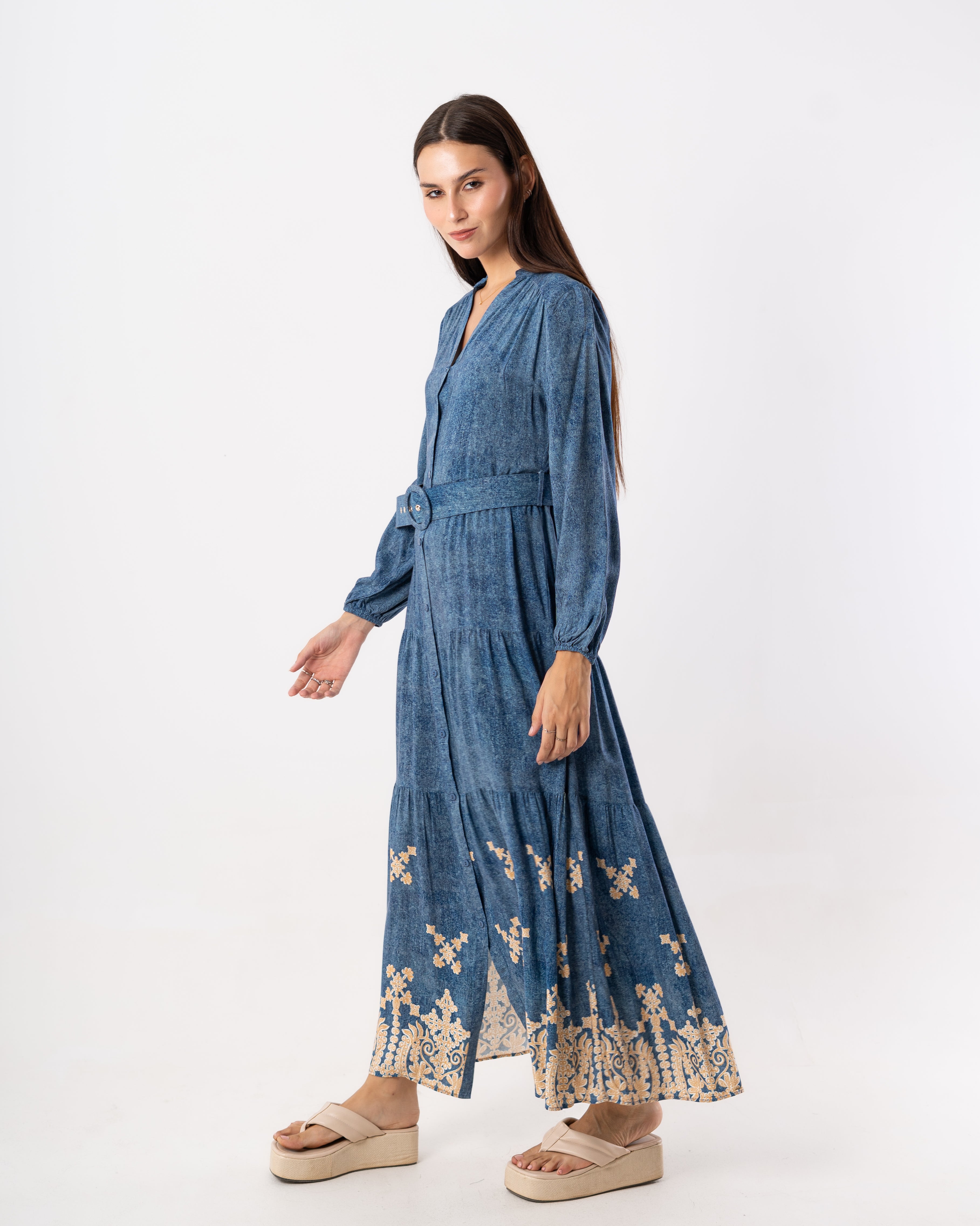 Long Dress – Floral Design ( Buttoned )