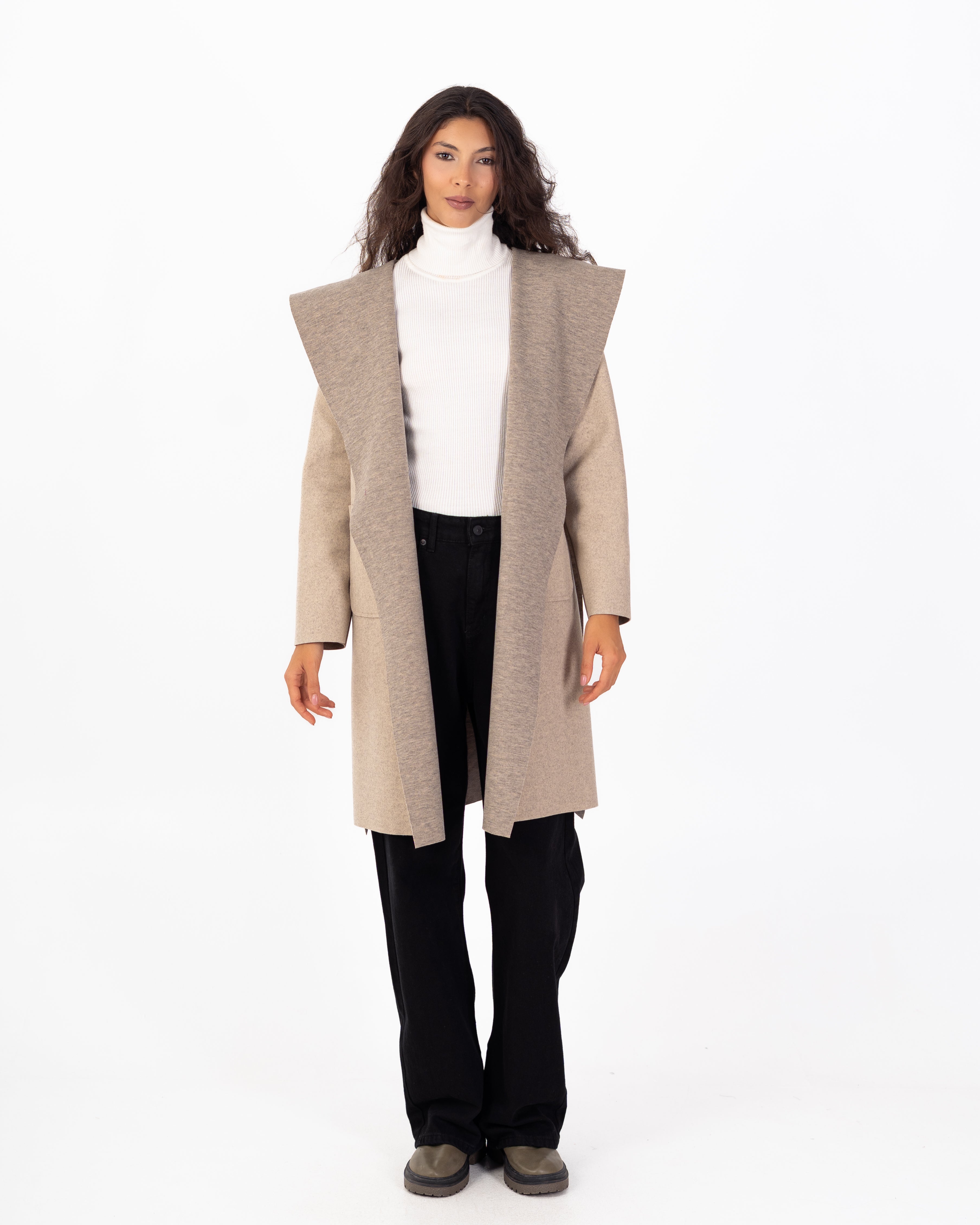 كارديجان صوف طويل (بغطاء رأس) مع حزام سادة