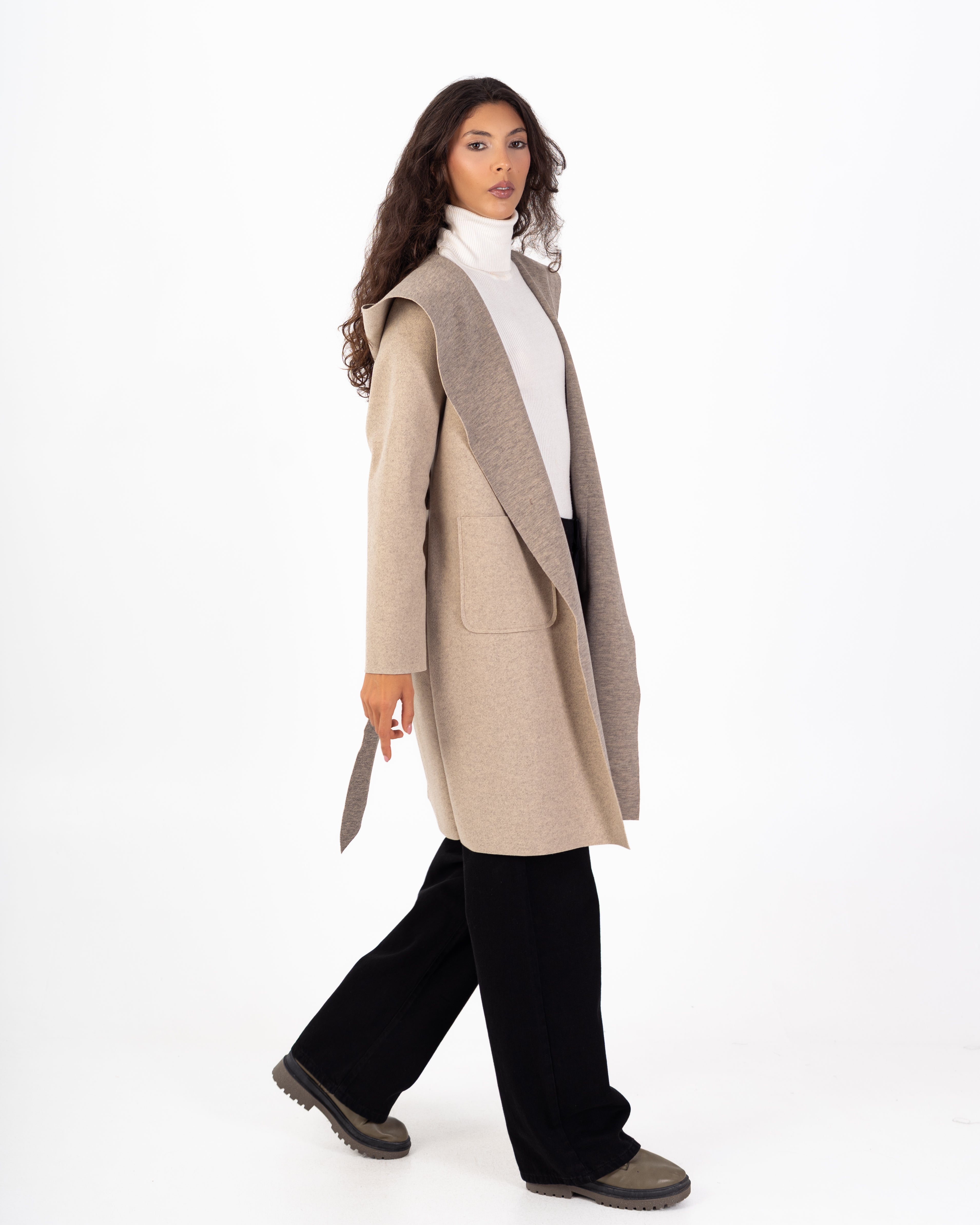 كارديجان صوف طويل (بغطاء رأس) مع حزام سادة