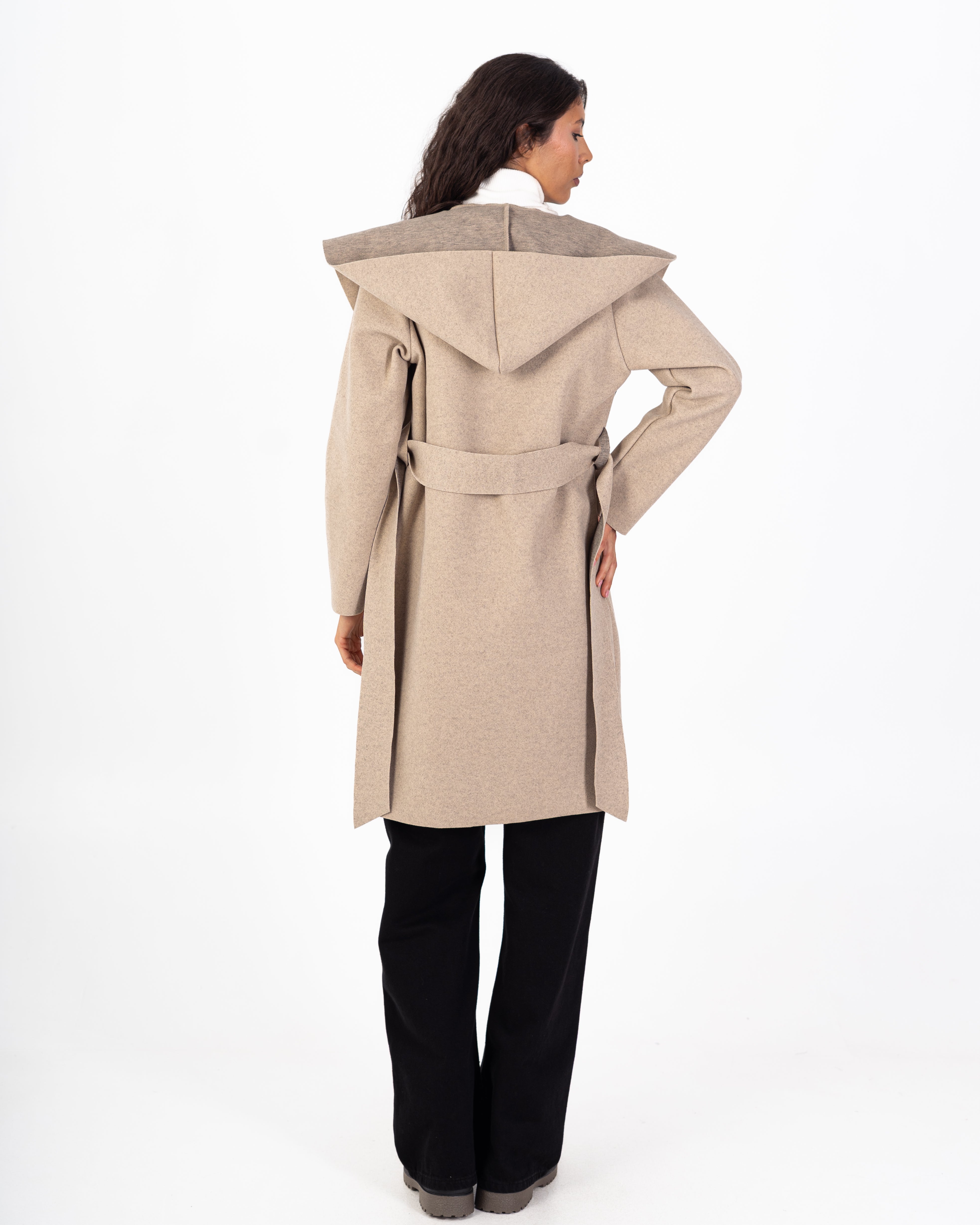 كارديجان صوف طويل (بغطاء رأس) مع حزام سادة