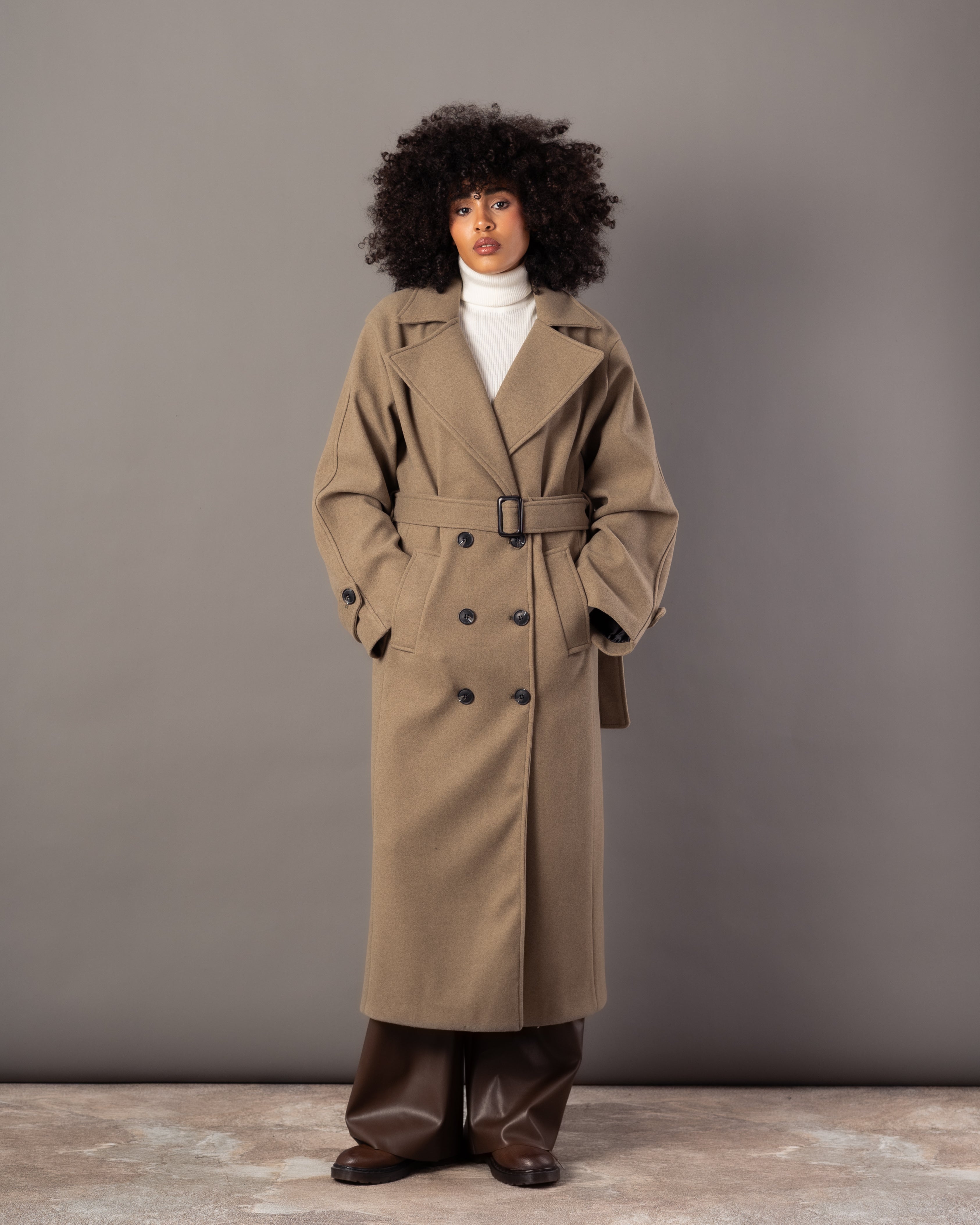 Wool Jacket With Belt – Plain Long (Small Collar)