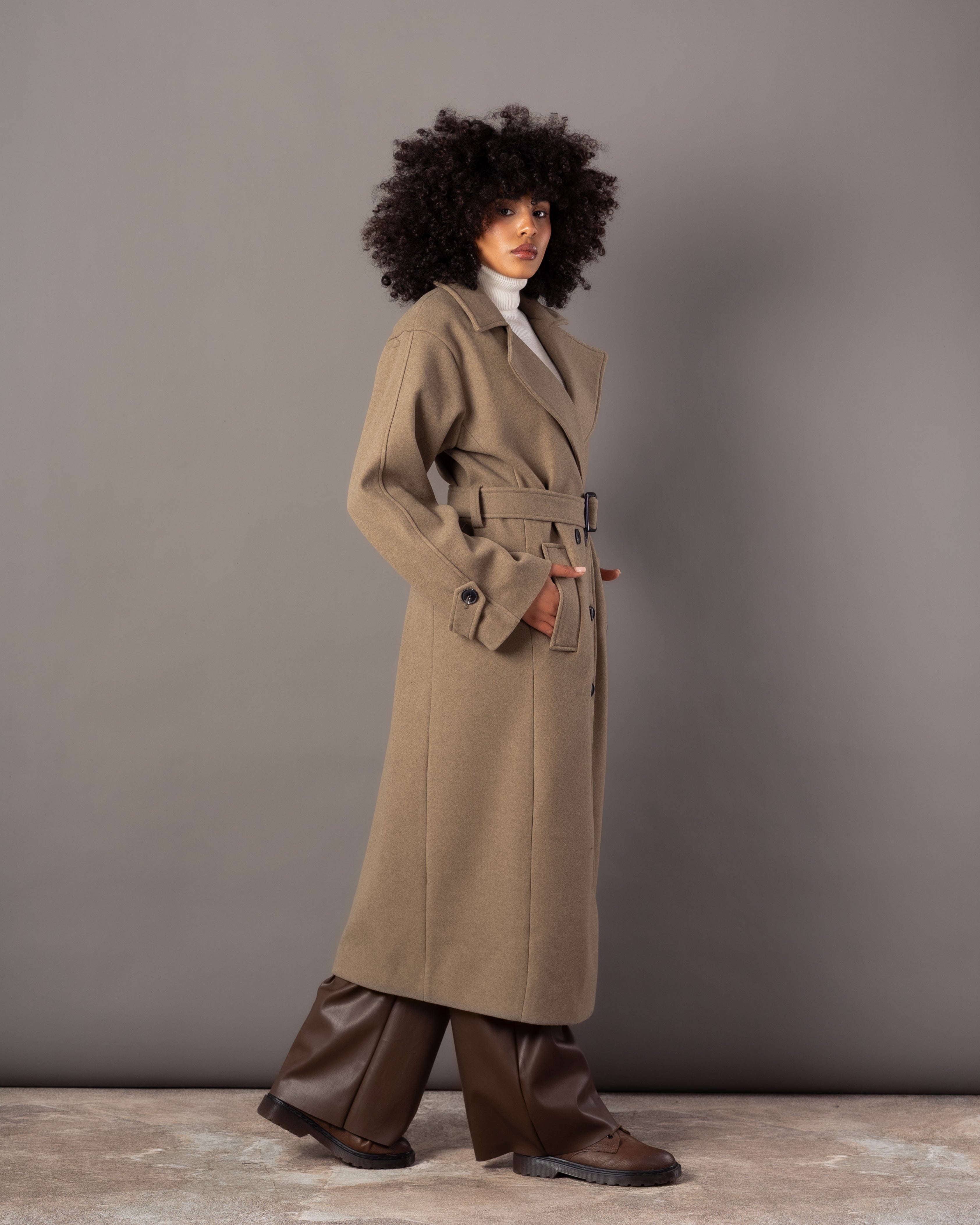 Wool Jacket With Belt – Plain Long (Small Collar)