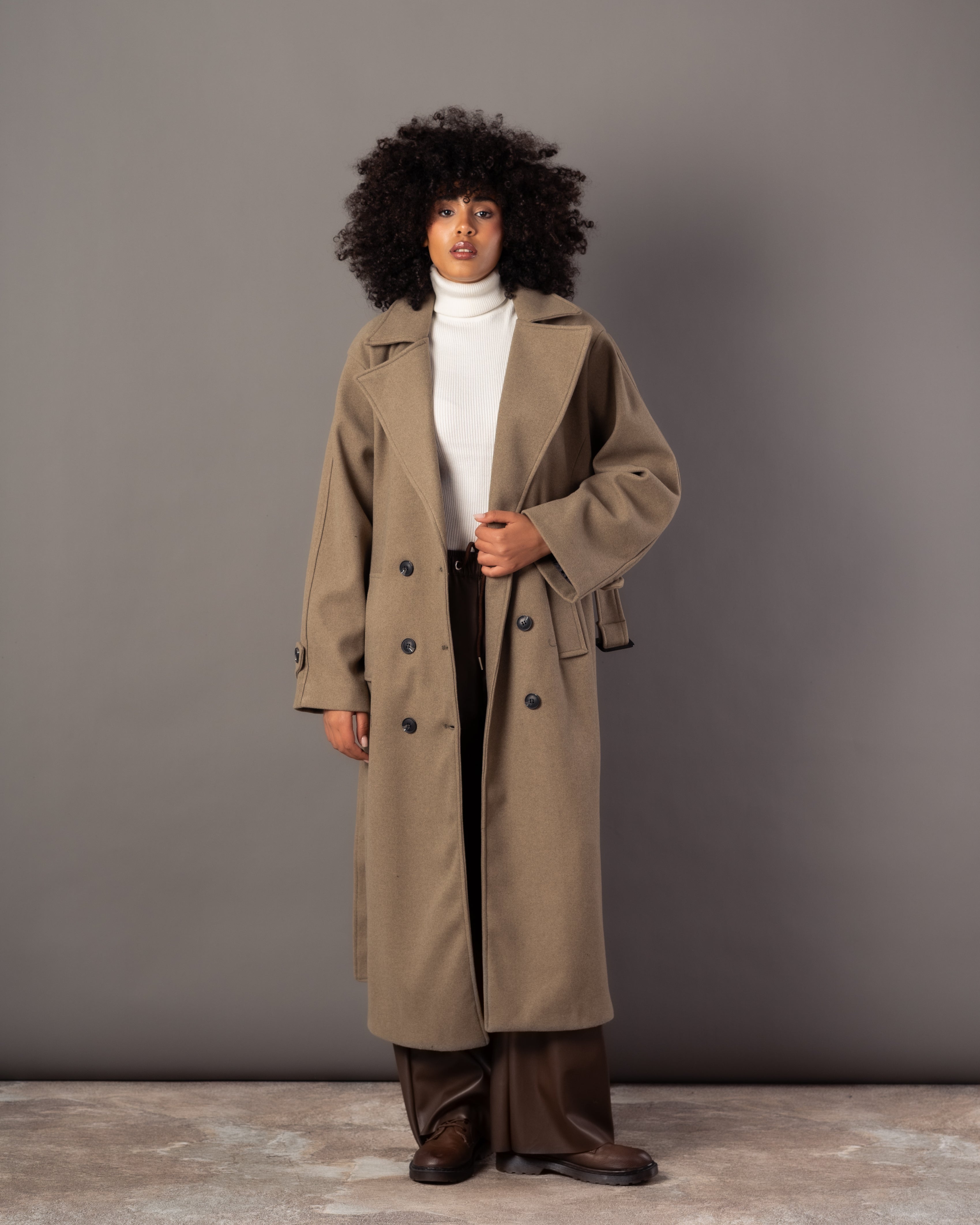Wool Jacket With Belt – Plain Long (Small Collar)