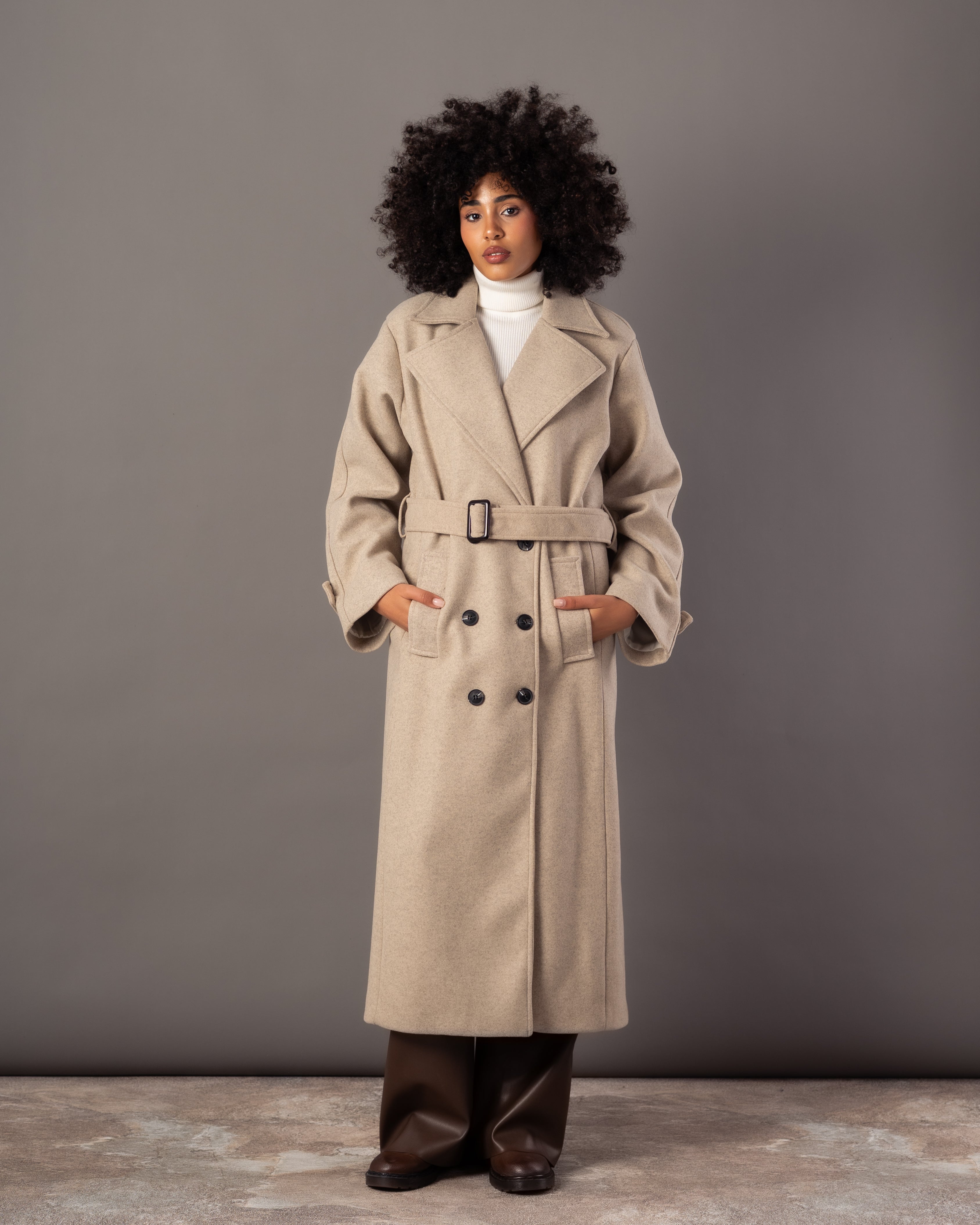 Wool Jacket With Belt – Plain Long (Small Collar)