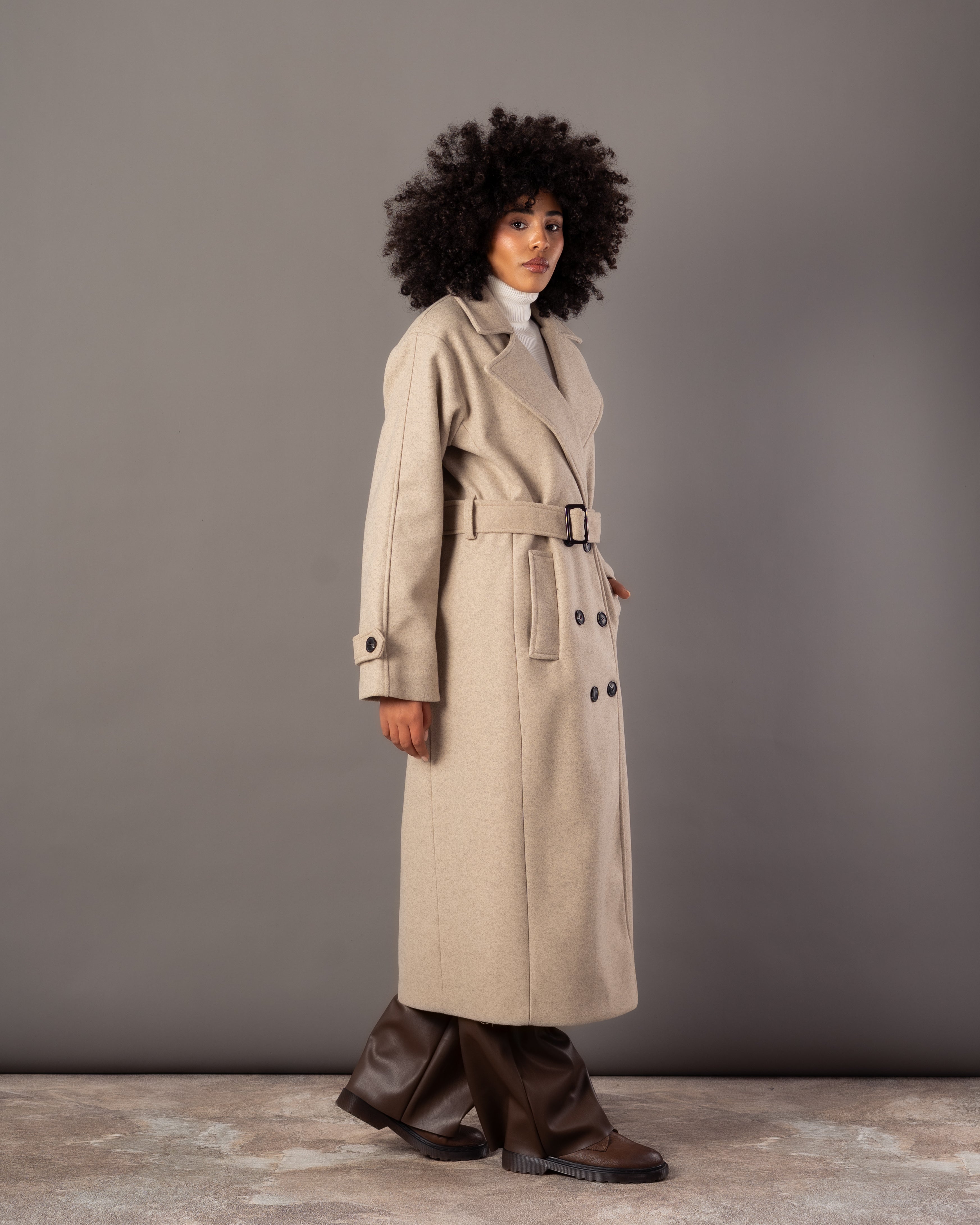 Wool Jacket With Belt – Plain Long (Small Collar)