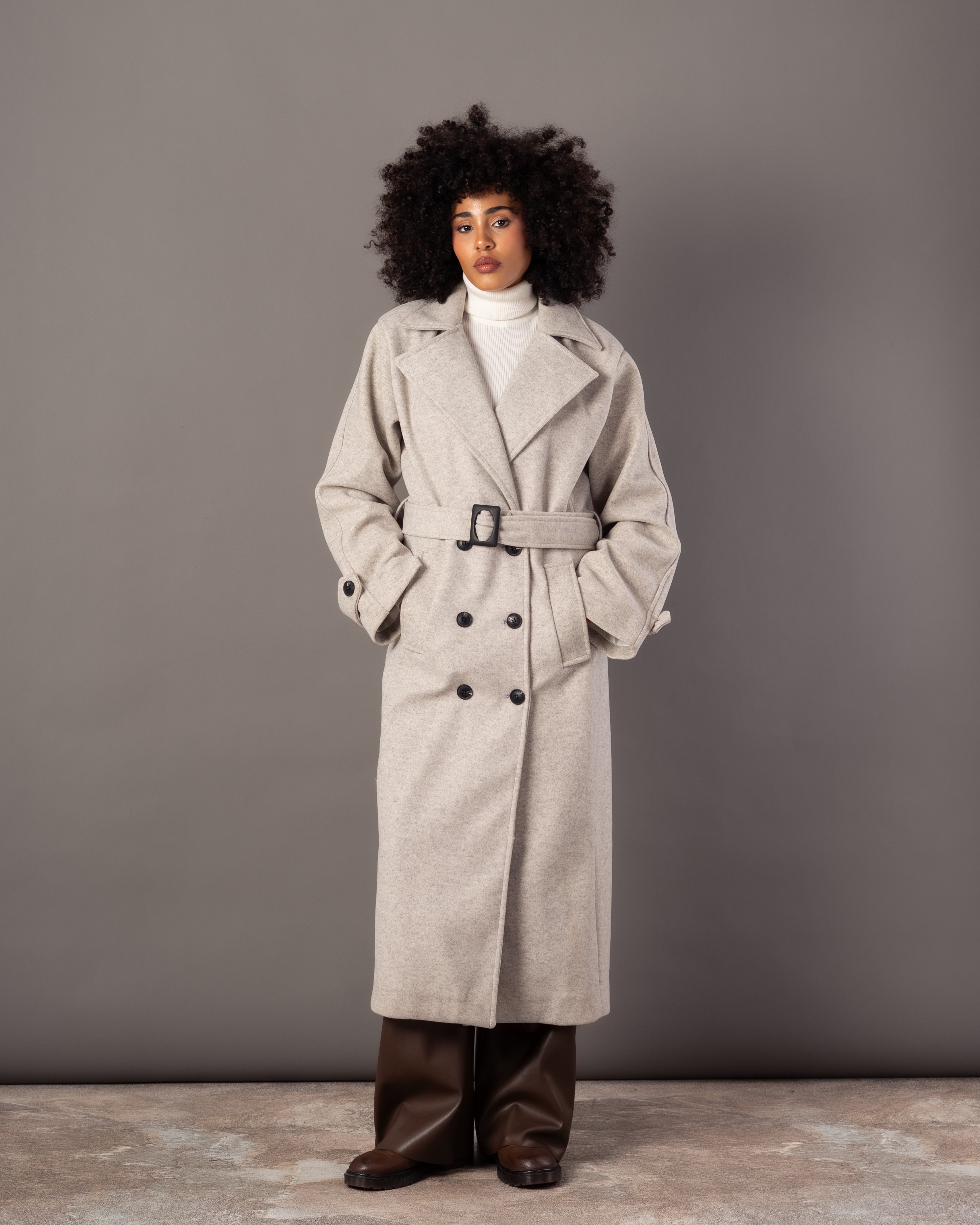 Wool Jacket With Belt – Plain Long (Small Collar)