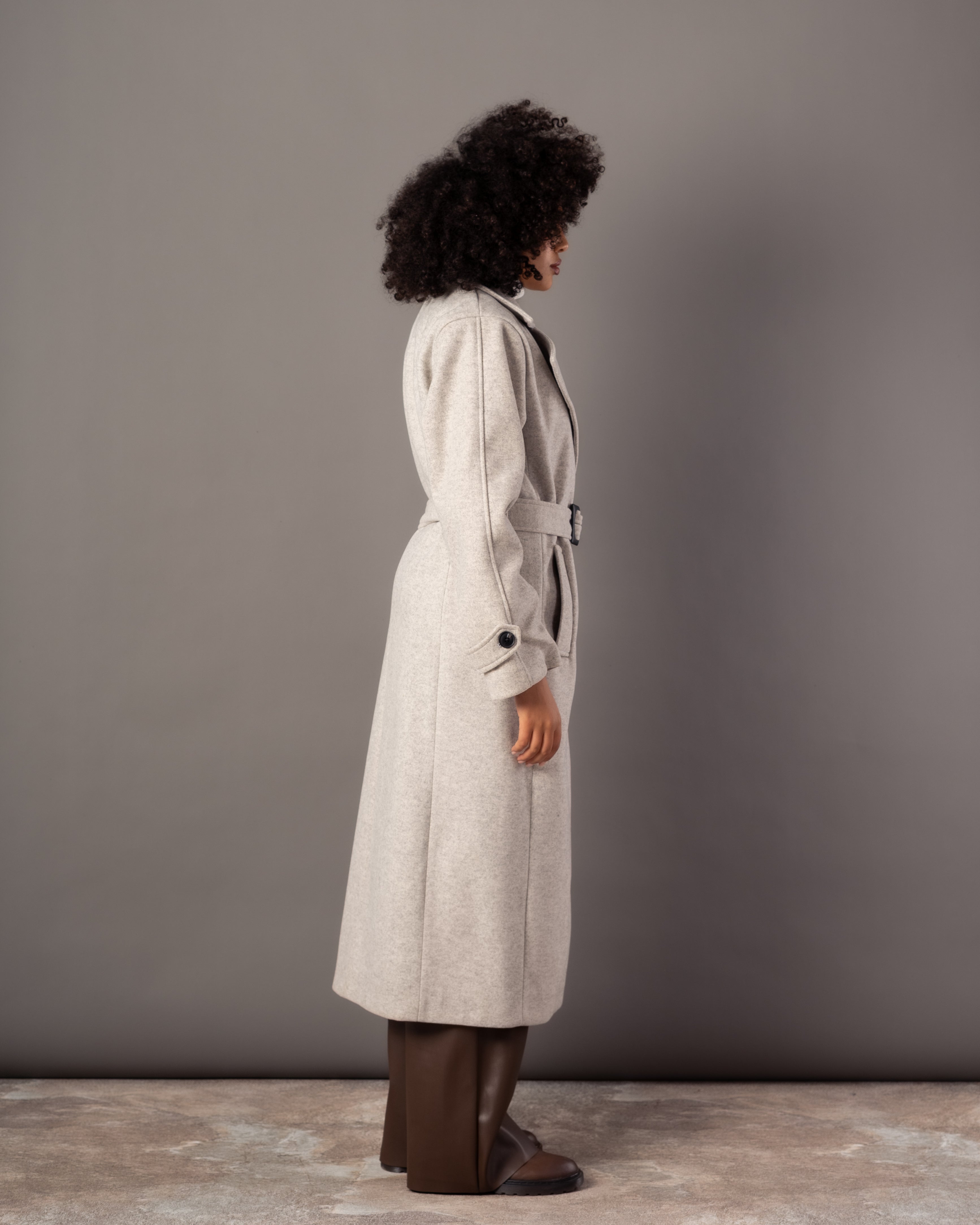 Wool Jacket With Belt – Plain Long (Small Collar)