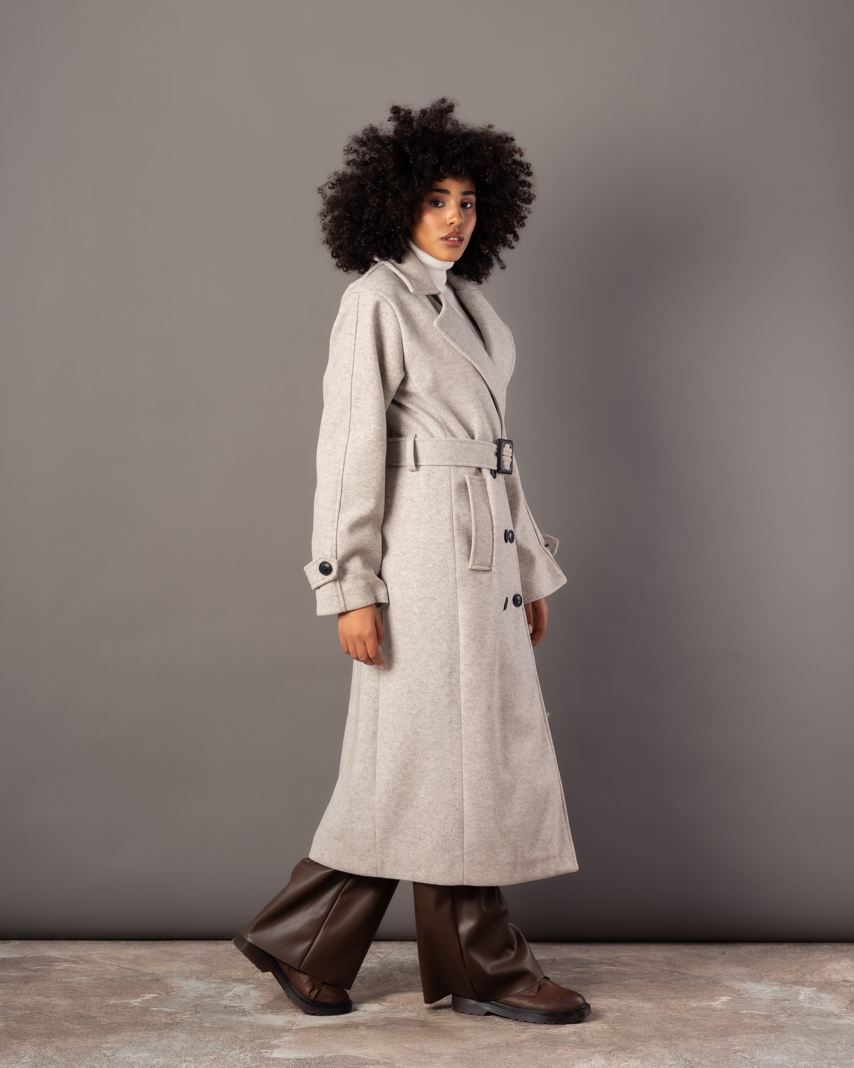 Wool Jacket With Belt – Plain Long (Small Collar)