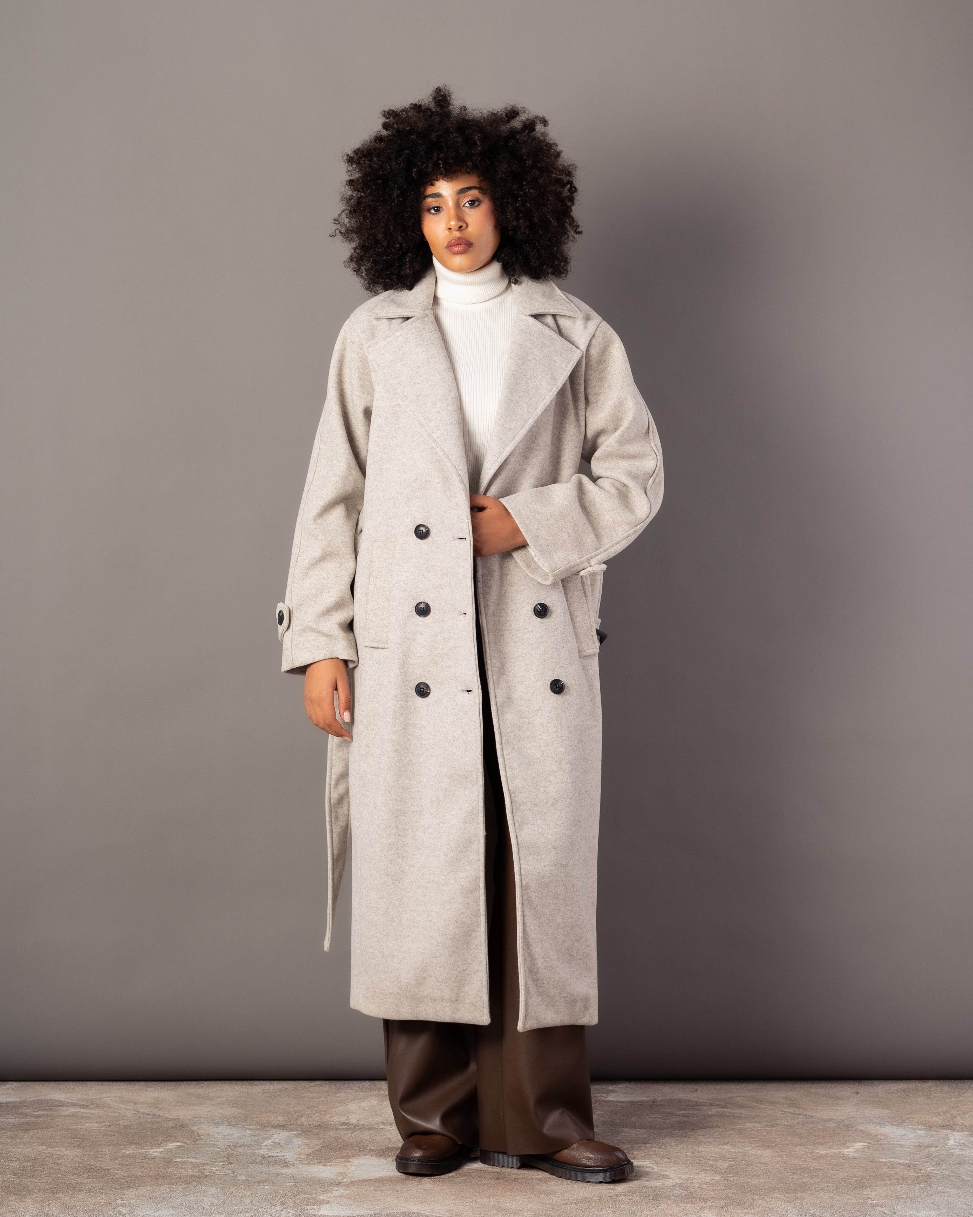 Wool Jacket With Belt – Plain Long (Small Collar)