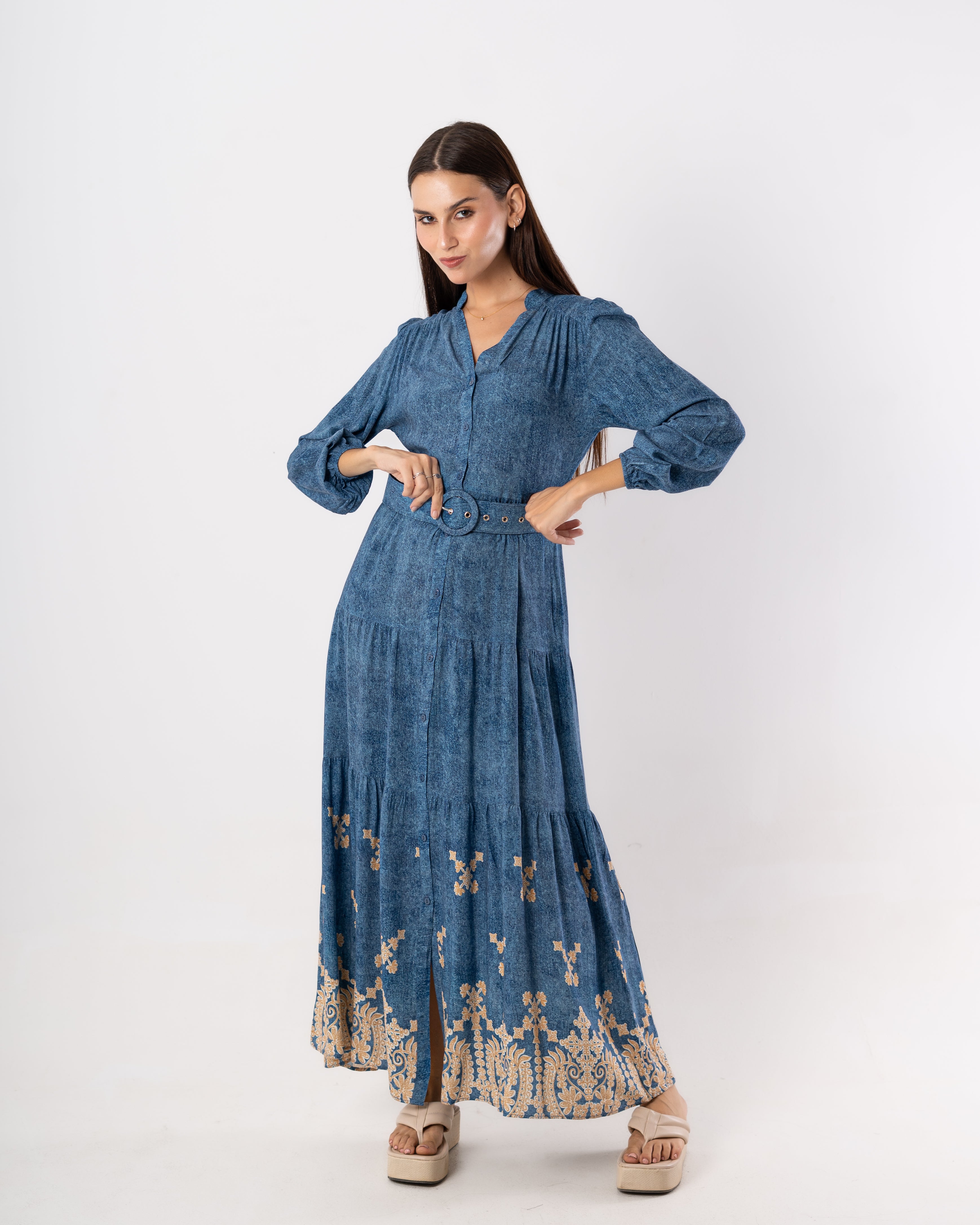 Long Dress – Floral Design ( Buttoned )