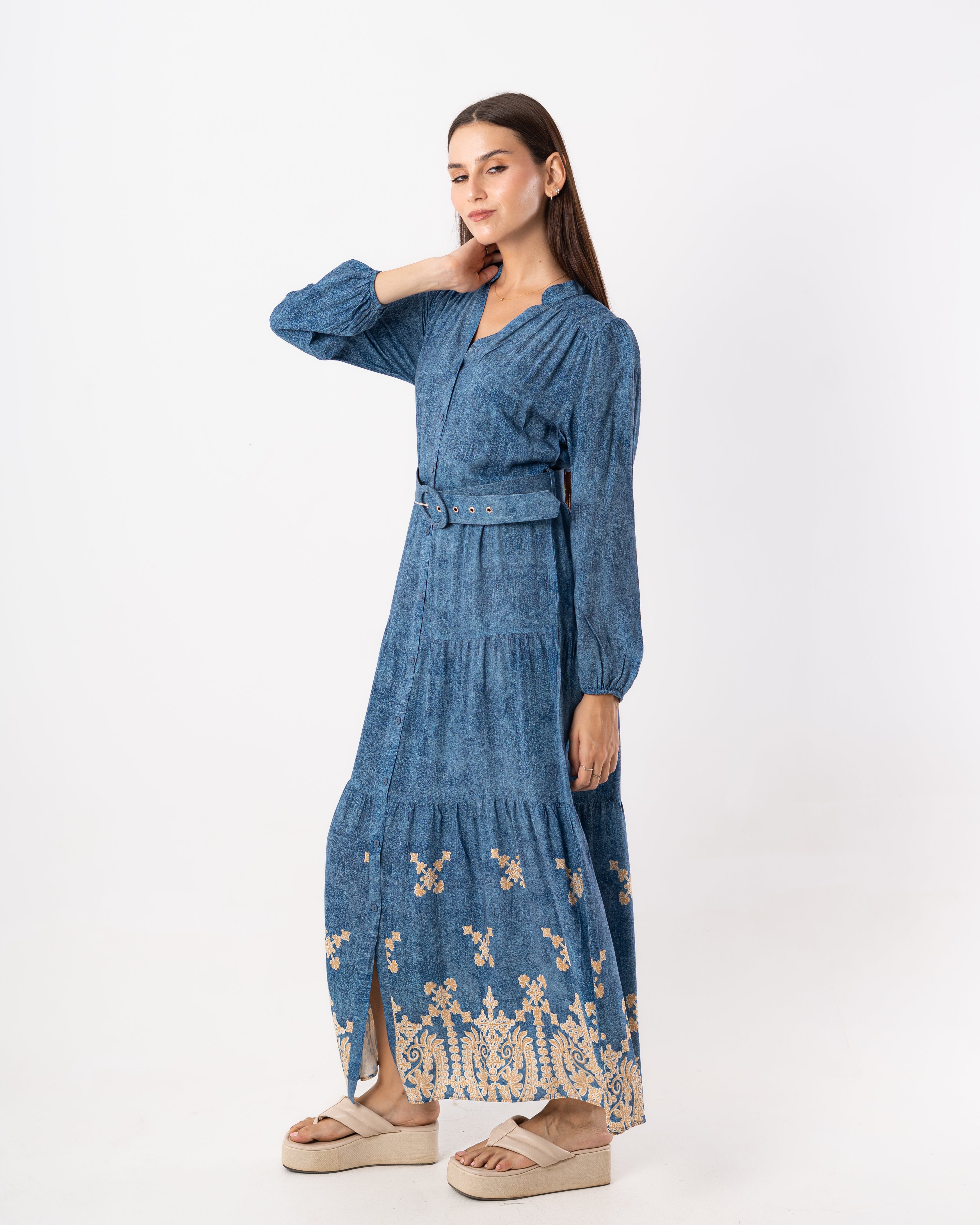 Long Dress – Floral Design ( Buttoned )