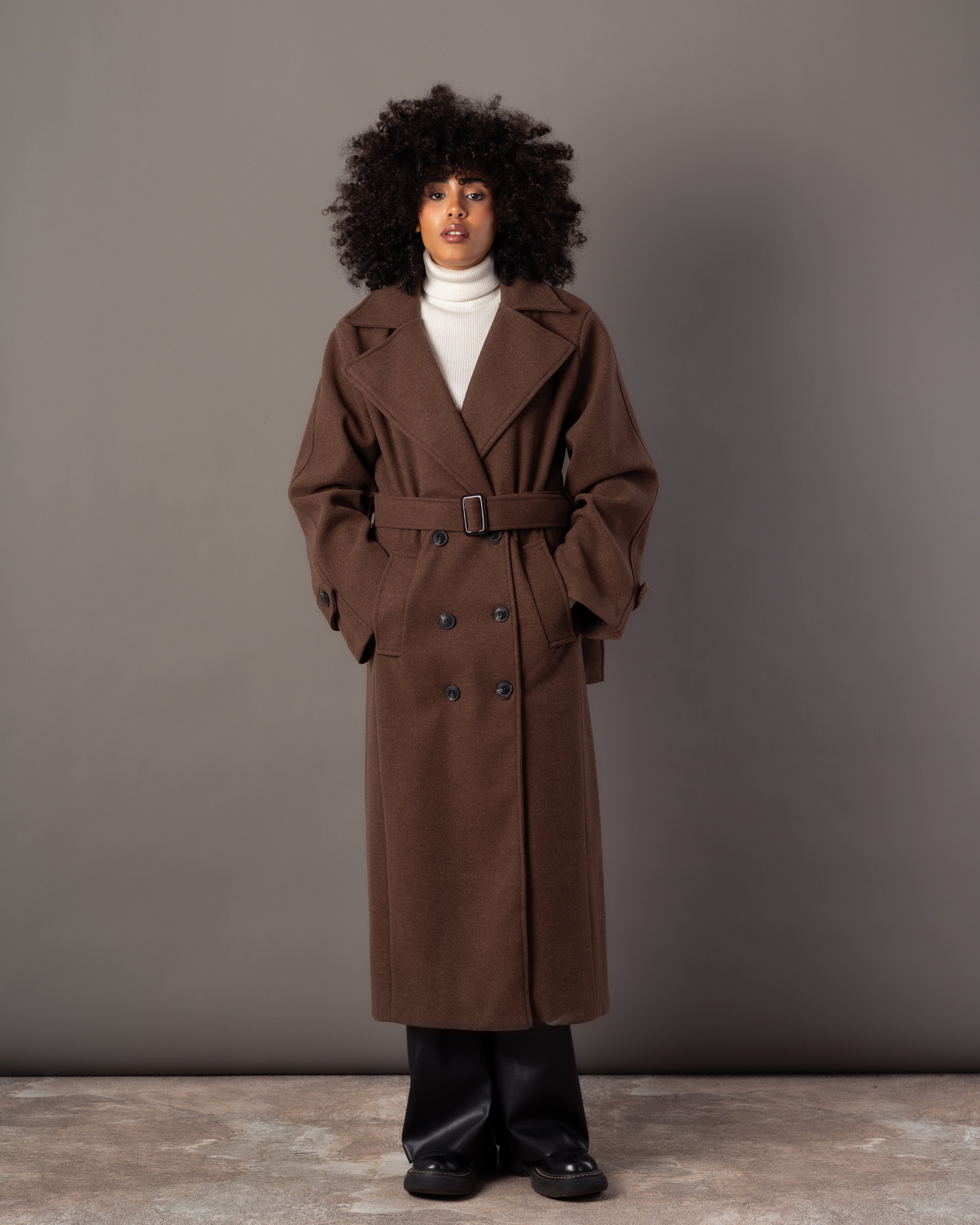 Wool Jacket With Belt – Plain Long (Small Collar)