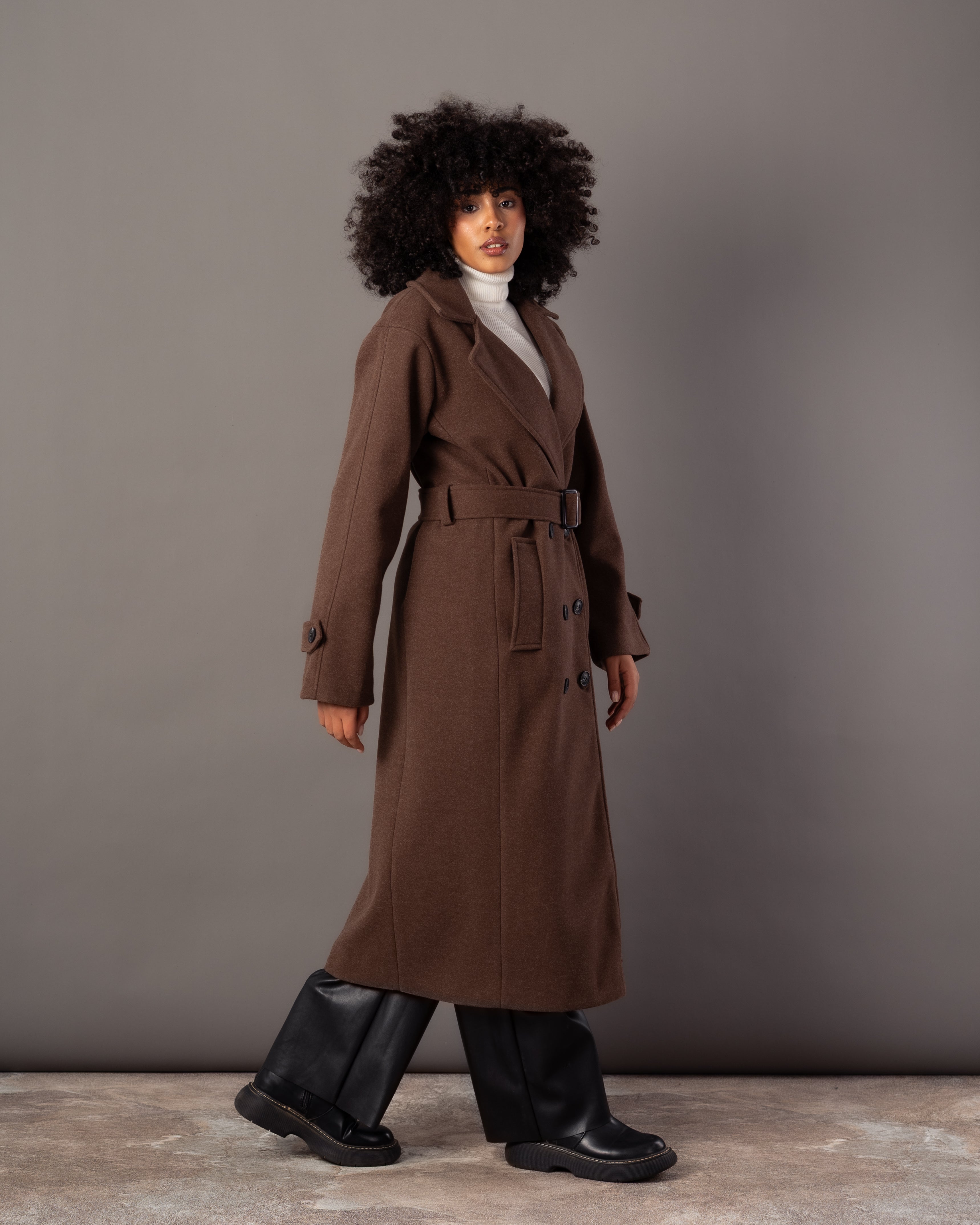 Wool Jacket With Belt – Plain Long (Small Collar)