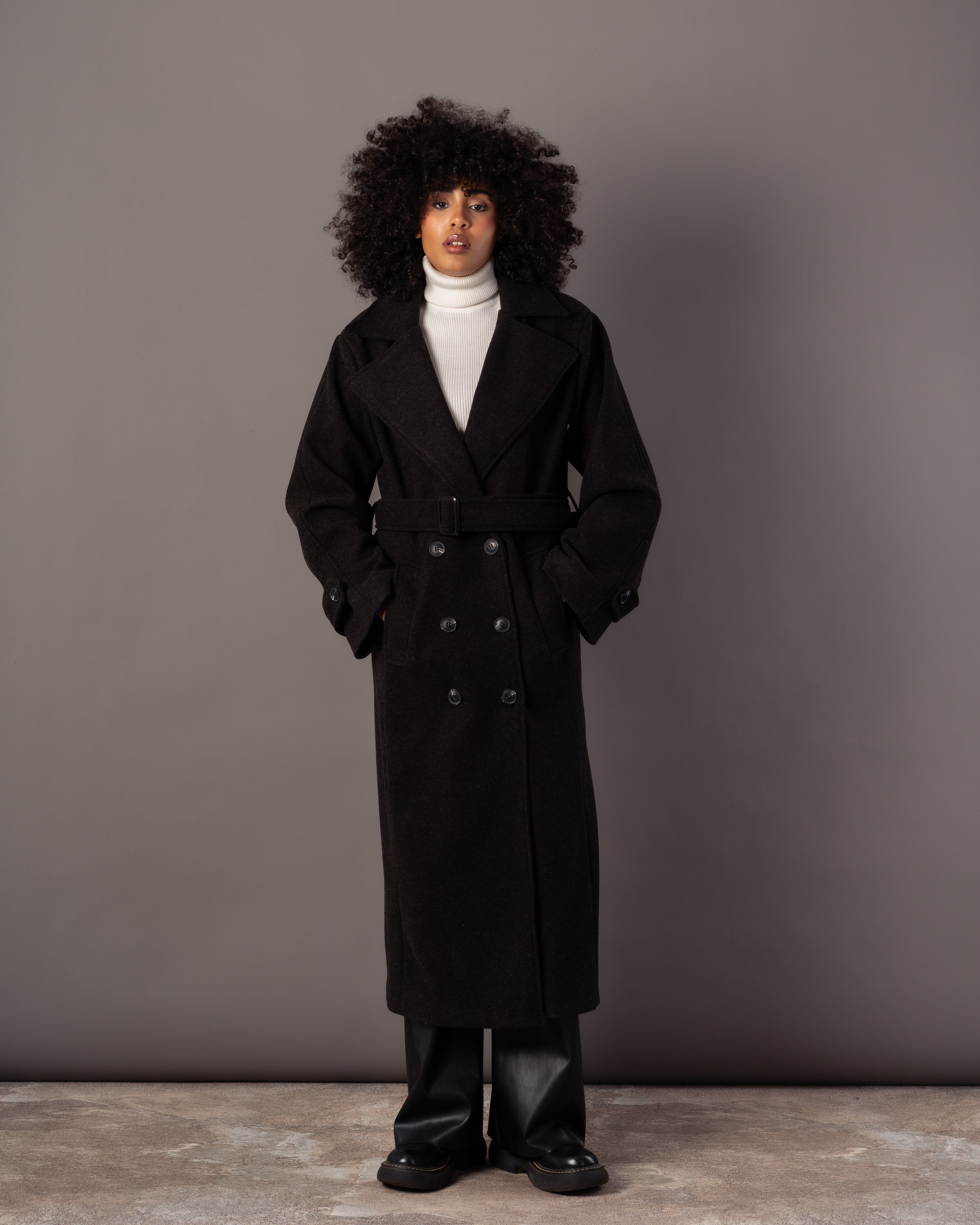Wool Jacket With Belt – Plain Long (Small Collar)