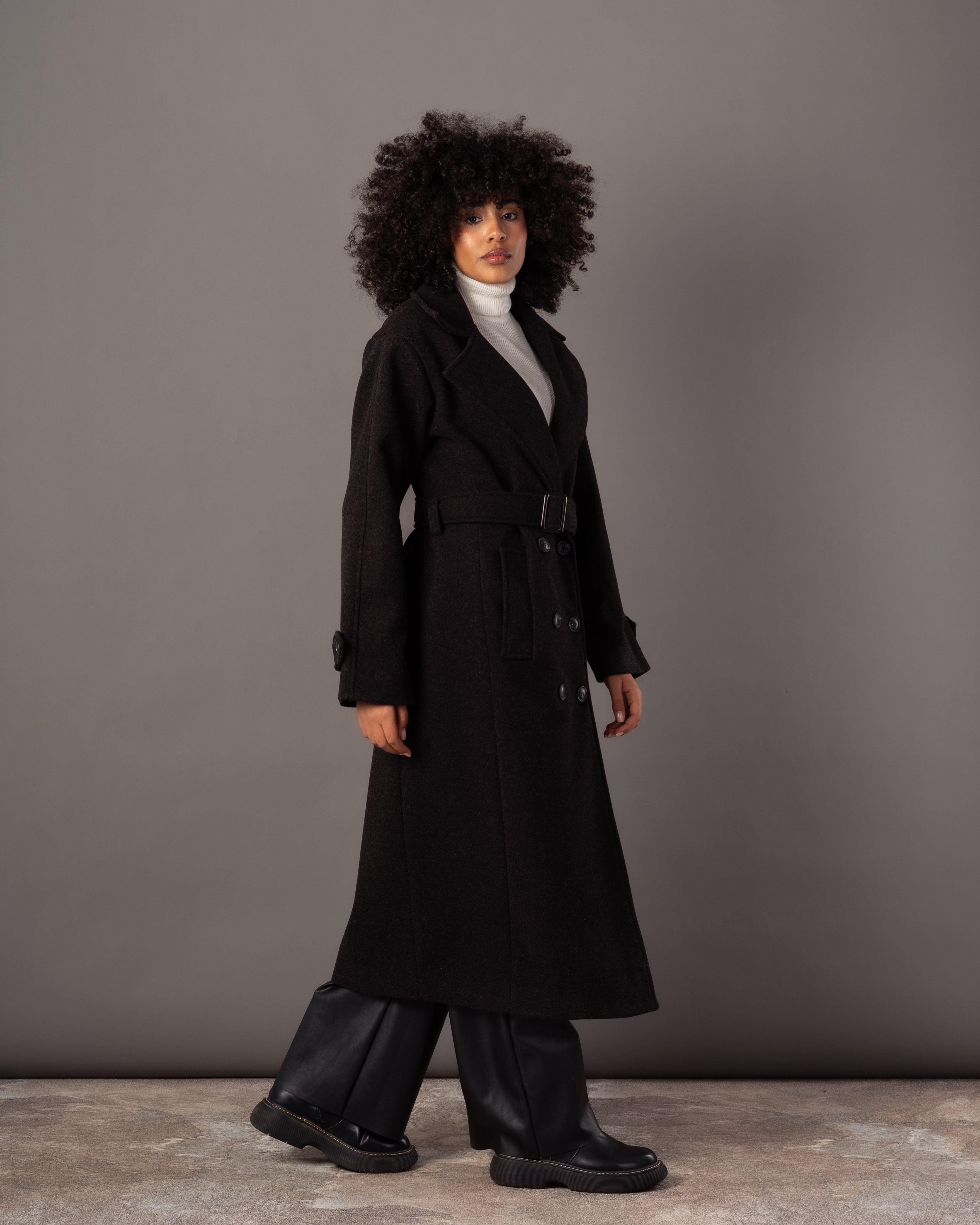 Wool Jacket With Belt – Plain Long (Small Collar)